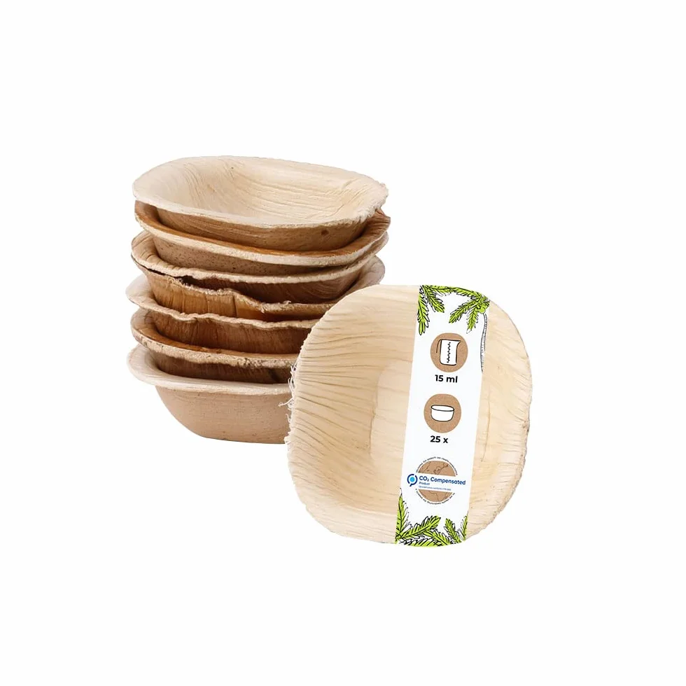 GREENBOX 25 sztuk ekologicznych miseczek do dipów z liści palmowych | 15 ml kwadratowe | biodegradowalne, kompostowalne | naczynia jednorazowe do cateringu, foodtrucks, imprez, zastawy imprezowej