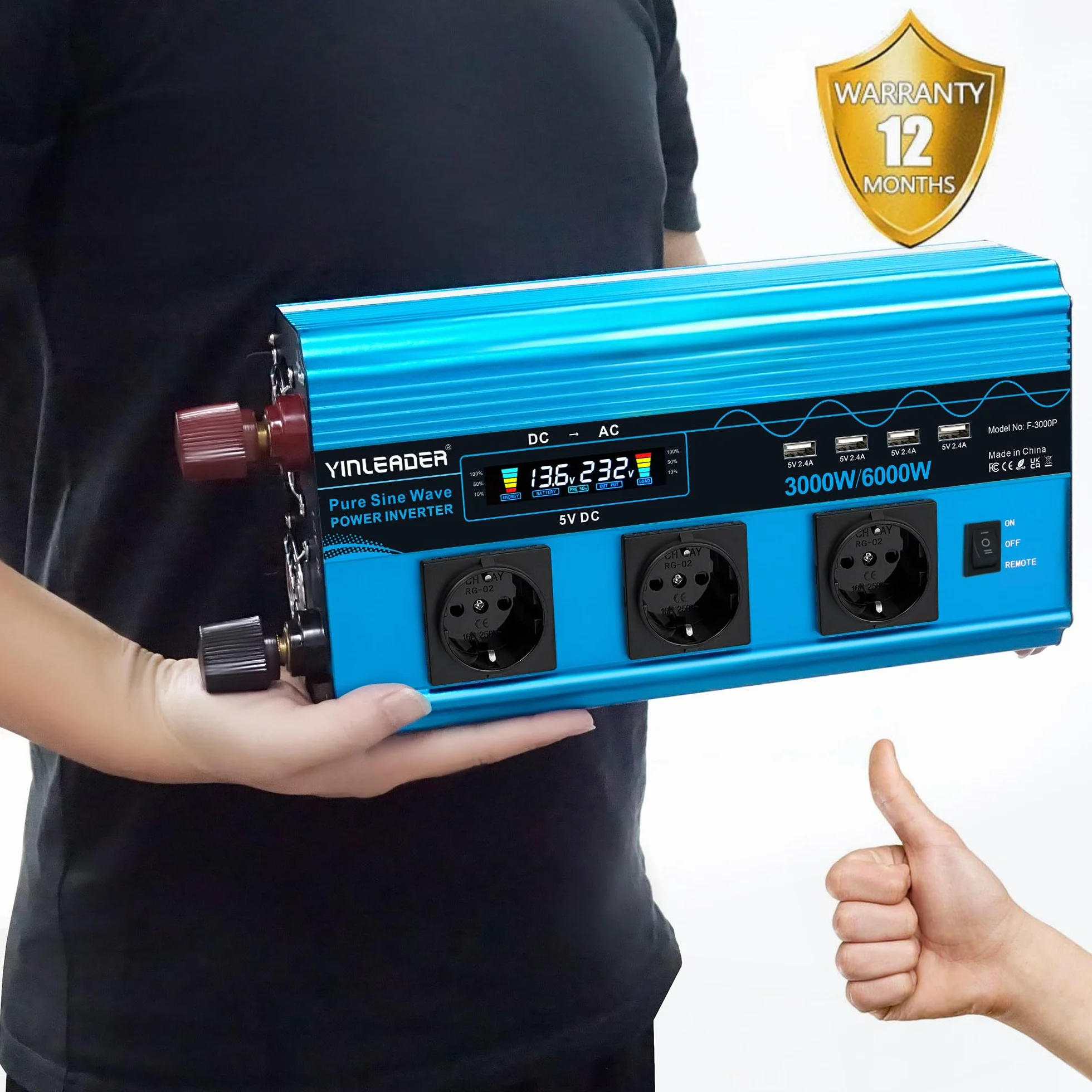 Przetwornica napięcia, 3000 W/6000 W, czysta sinusoida, 12 V, 230 V, z 3 europejskimi gniazdami i 4 portami USB, wyświetlacz LCD
