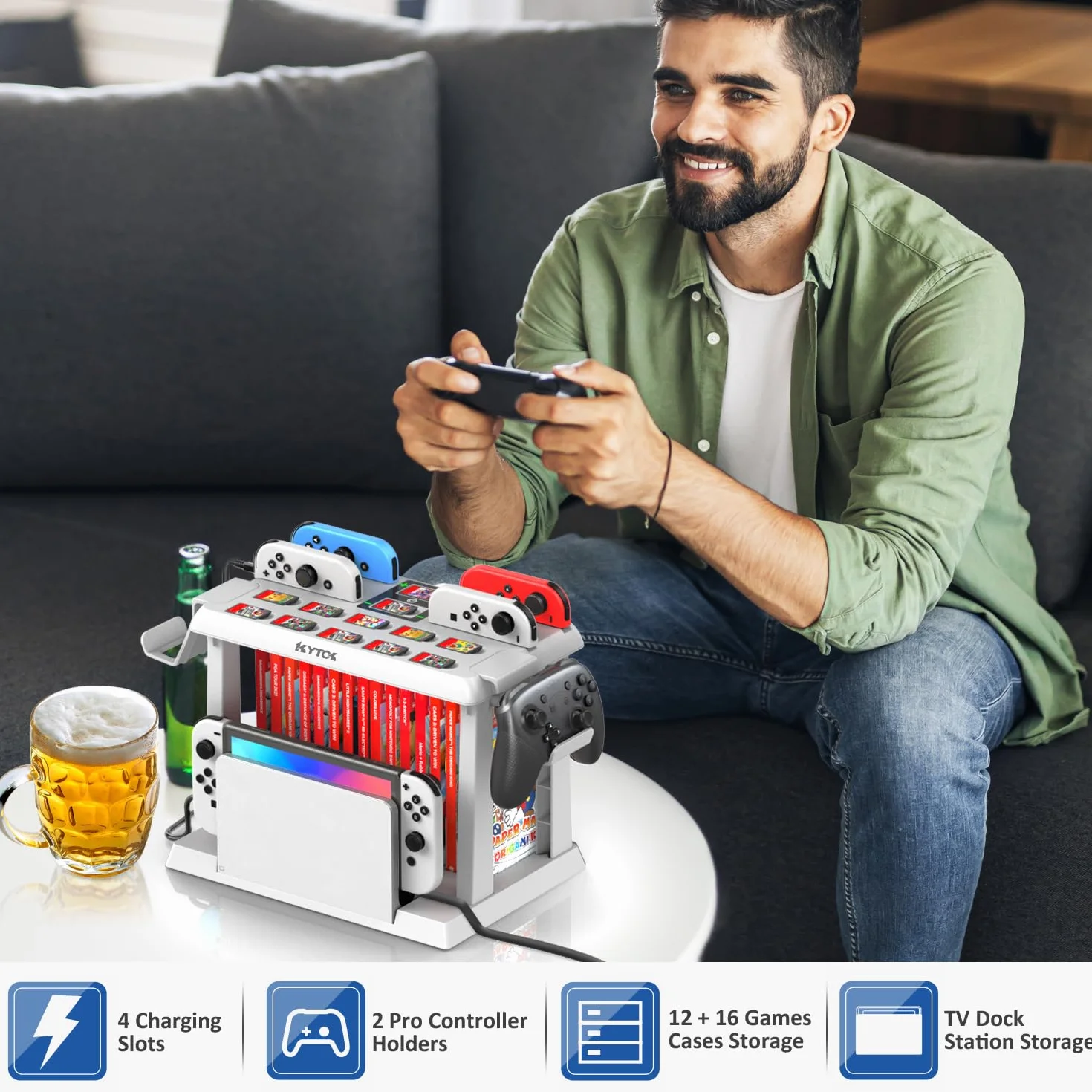 Kytok Przełącznik do przechowywania gier z kontrolerem, stacja ładująca, przełącznik do joyconów Switch/OLED, przechowywanie przełączników, do gier Switch, stacji dokującej TV, Pro Controller,