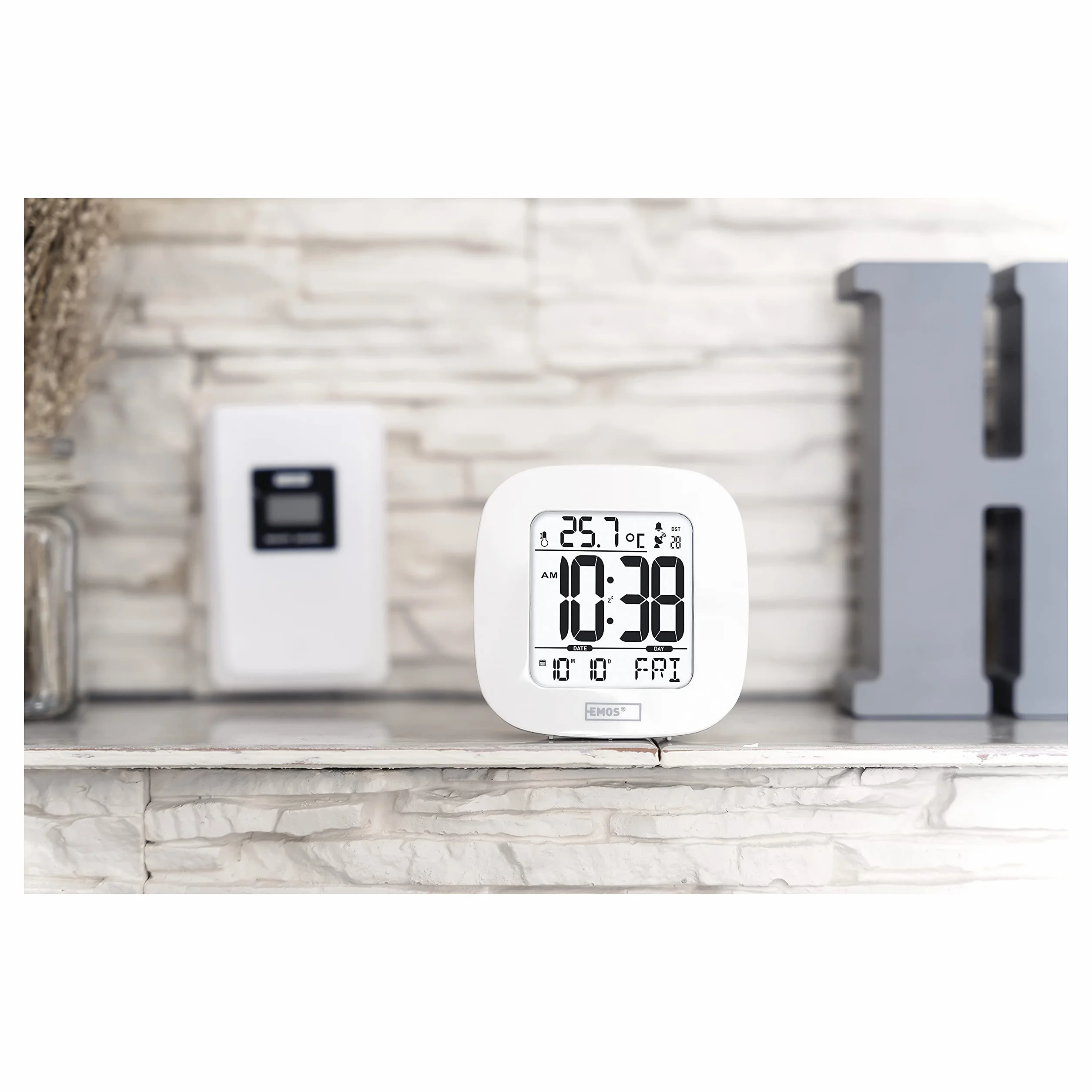 EMOS E0127 cyfrowy termometr z czujnikiem zewnętrznym, termometr wewnętrzny i zewnętrzny z zegarem radiowym, budzik z drzemką i kalendarzem