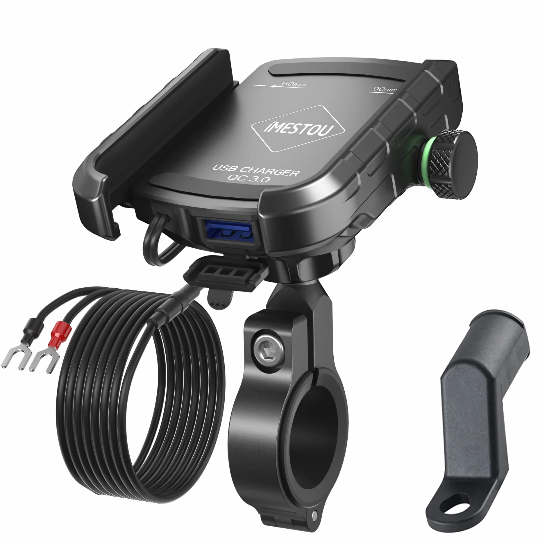 iMESTOU Uchwyt motocyklowy do telefonu Ładowarka z portem ładowania Quick Charge USB3.0, uchwyt na kierownicę/lusterko wsteczne Uchwyt mobilny obracany o 360° dla smartfonów 3,5"-6,8"