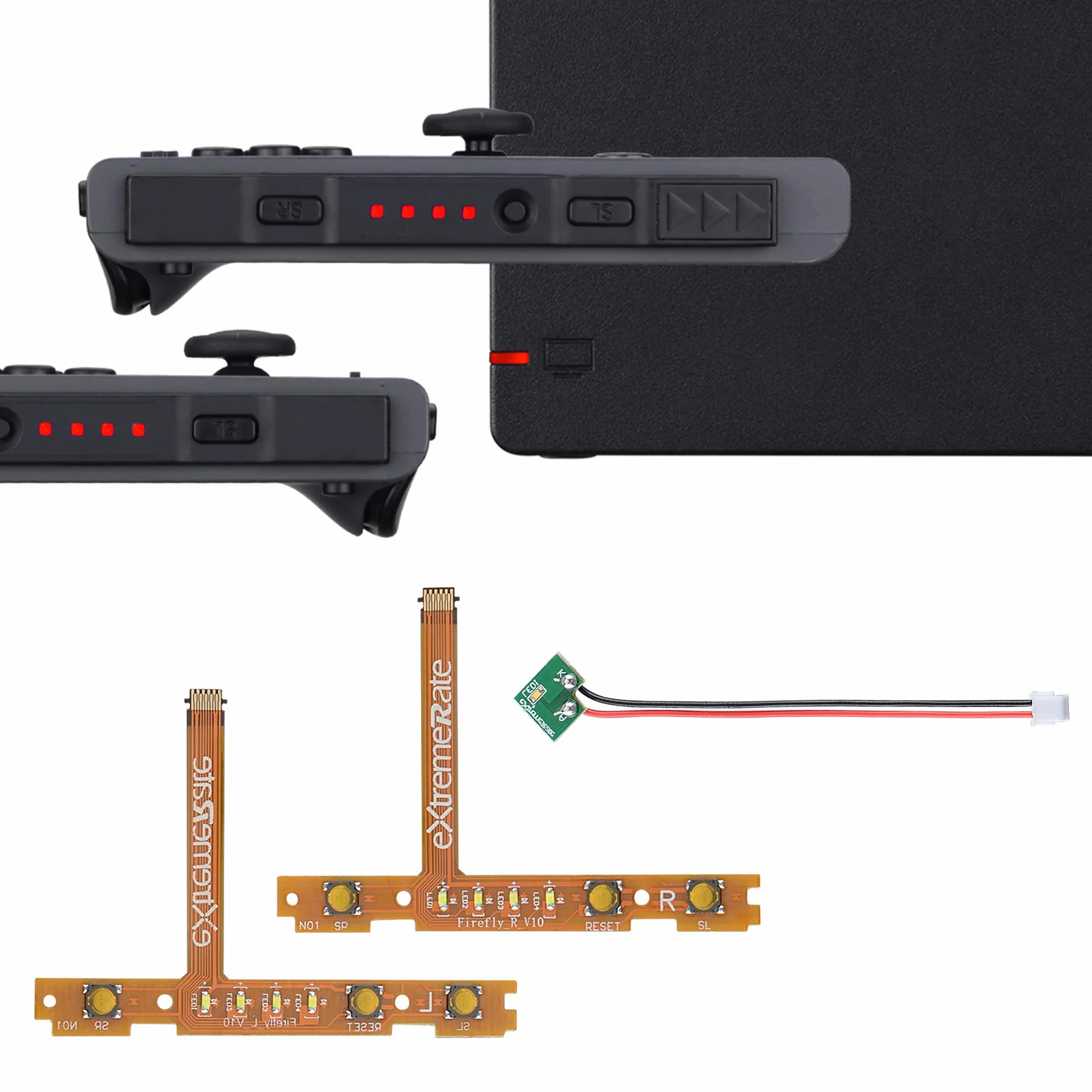 eXtremeRate Firefly LED Tuning Kit dla Nintendo Switch Joycons Dock NS Joycon SL SR Buttons Ribbon Flex Cable Indicate Power LED - Czerwony (Joycons Dock Nie Jest Dołączony)