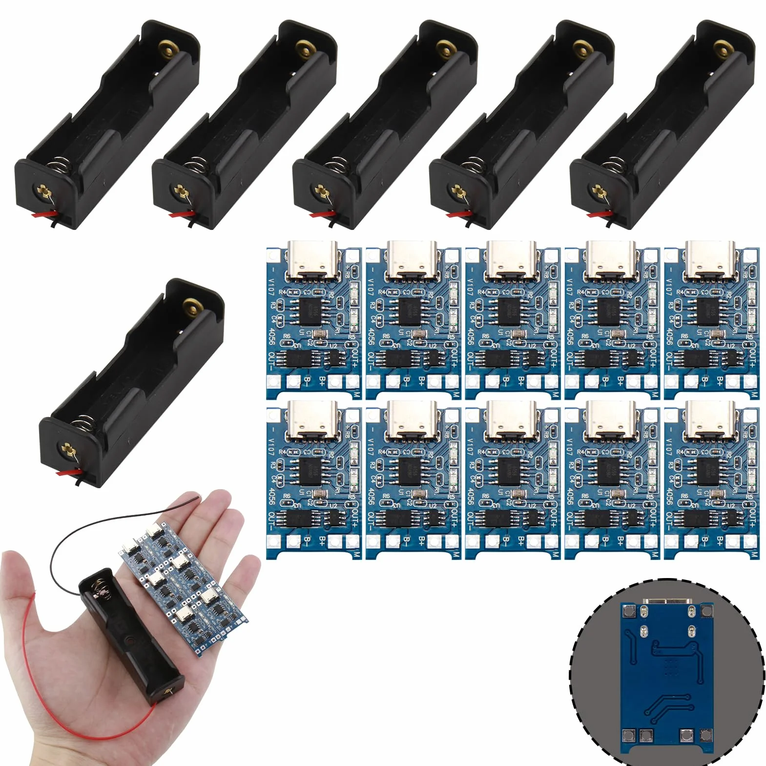 6 sztuk 3,7 V 18650 Uchwyt na baterię Plastikowa obudowa do przechowywania z przewodami + 10 modułów USB typu C 5 V 1A, obudowy z tworzywa sztucznego i zintegrowana ochrona
