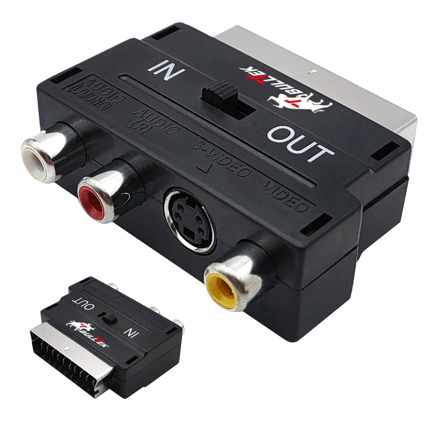 Konwerter SCART na 3 x RCA Jacks | Przełącznik wejścia/wyjścia | Podłączenie konsol, DVD, VHS | Dźwięk mono i stereo | S-VHS SVIDEO, kolor czarny