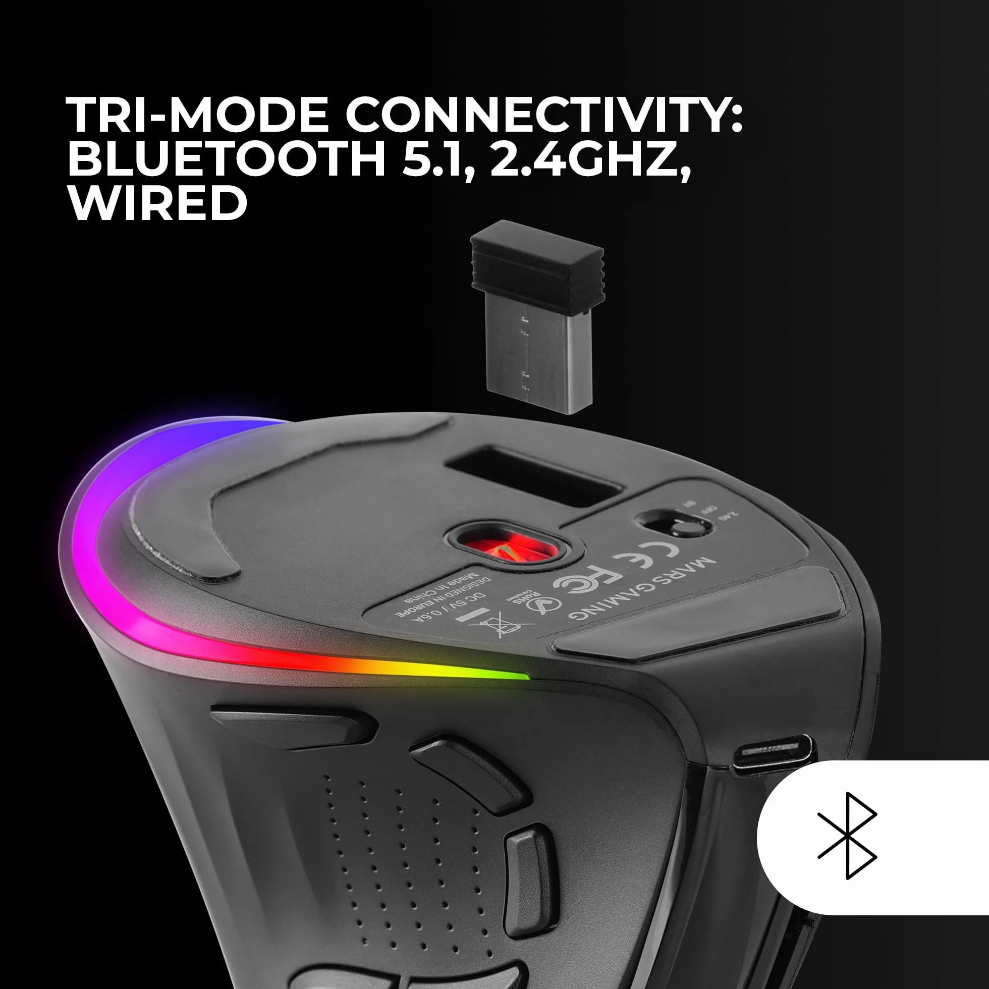 Mars Gaming MM-SK, Bezprzewodowa Pionowa Mysz Gamingowa, Ergonomiczny Design, RGB Chroma, Optyczny Sensor Pixart 8400DPI, Mechaniczne Przełączniki Huano, 9 Programowalnych Przycisków, Tri-Mode,Czarny
