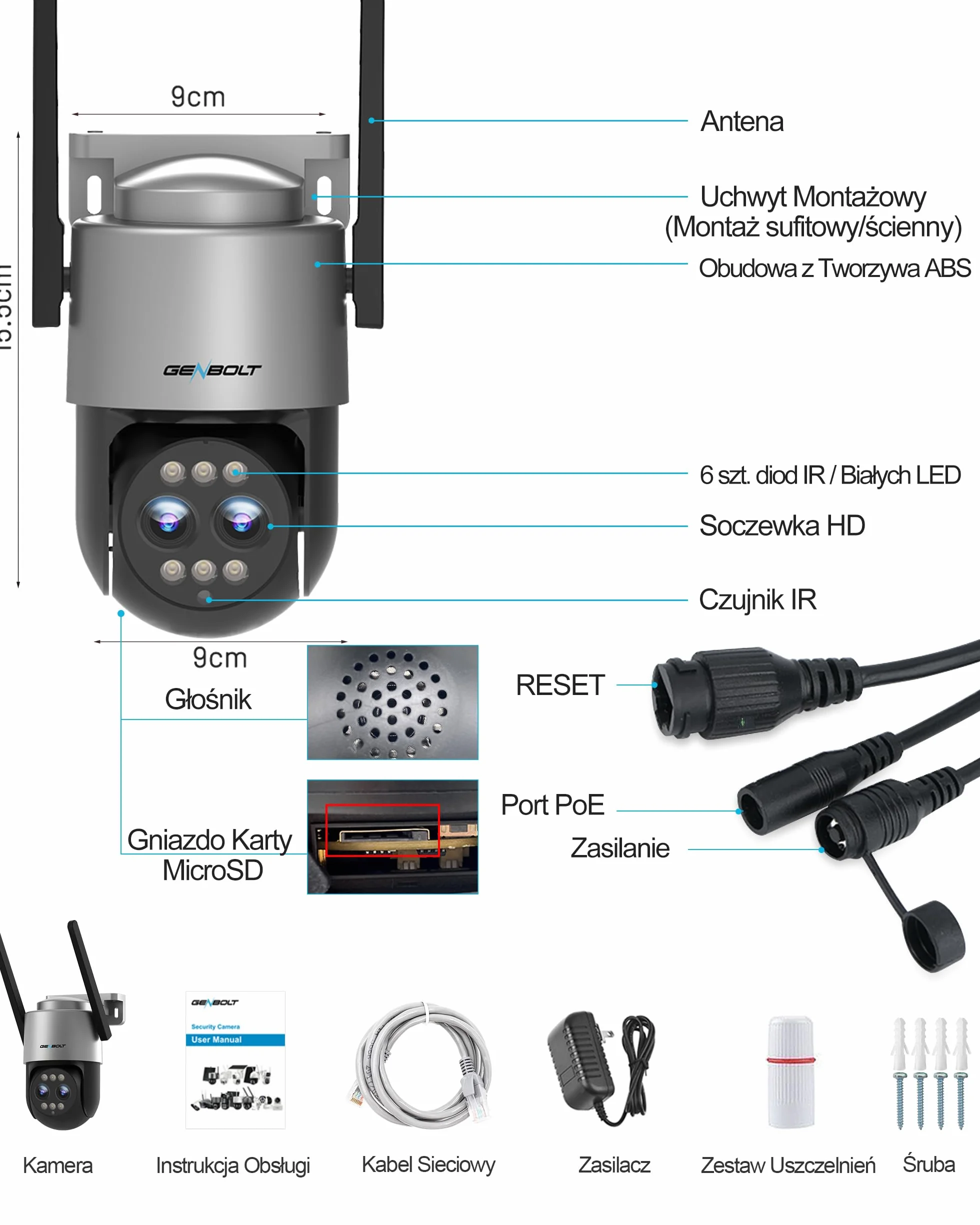 GENBOLT 2.5K Kamera PTZ WiFi do Użytku na Zewnątrz,Obsługująca POE, Podwójna IP 4MP Domowa Kamera Monitorująca,10-Krotny Zoom Hybrydowy,CCTV Kolorowy Tryb Nocny,Automatyczne Śoledzenie (2,4/5GHz)