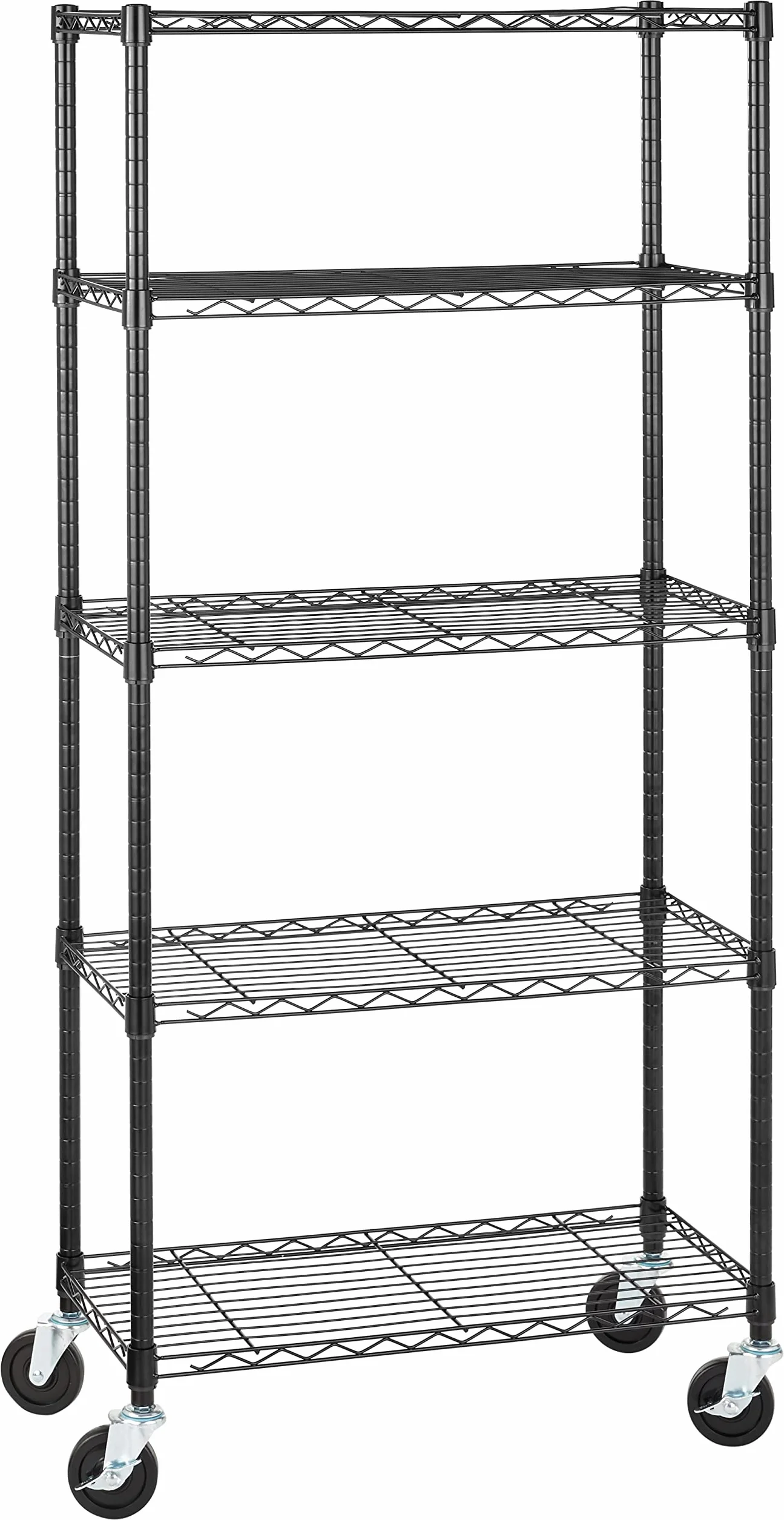 Amazon Basics Regał magazynowy z 5 półkami, na kółkach 10,2cm, półki z regulacją wysokości i nóżki poziomujące, maksymalna waga 680kg, czarny, 35,6cm x 76,2cm x 162,2cm (gł. x szer. x wys.)