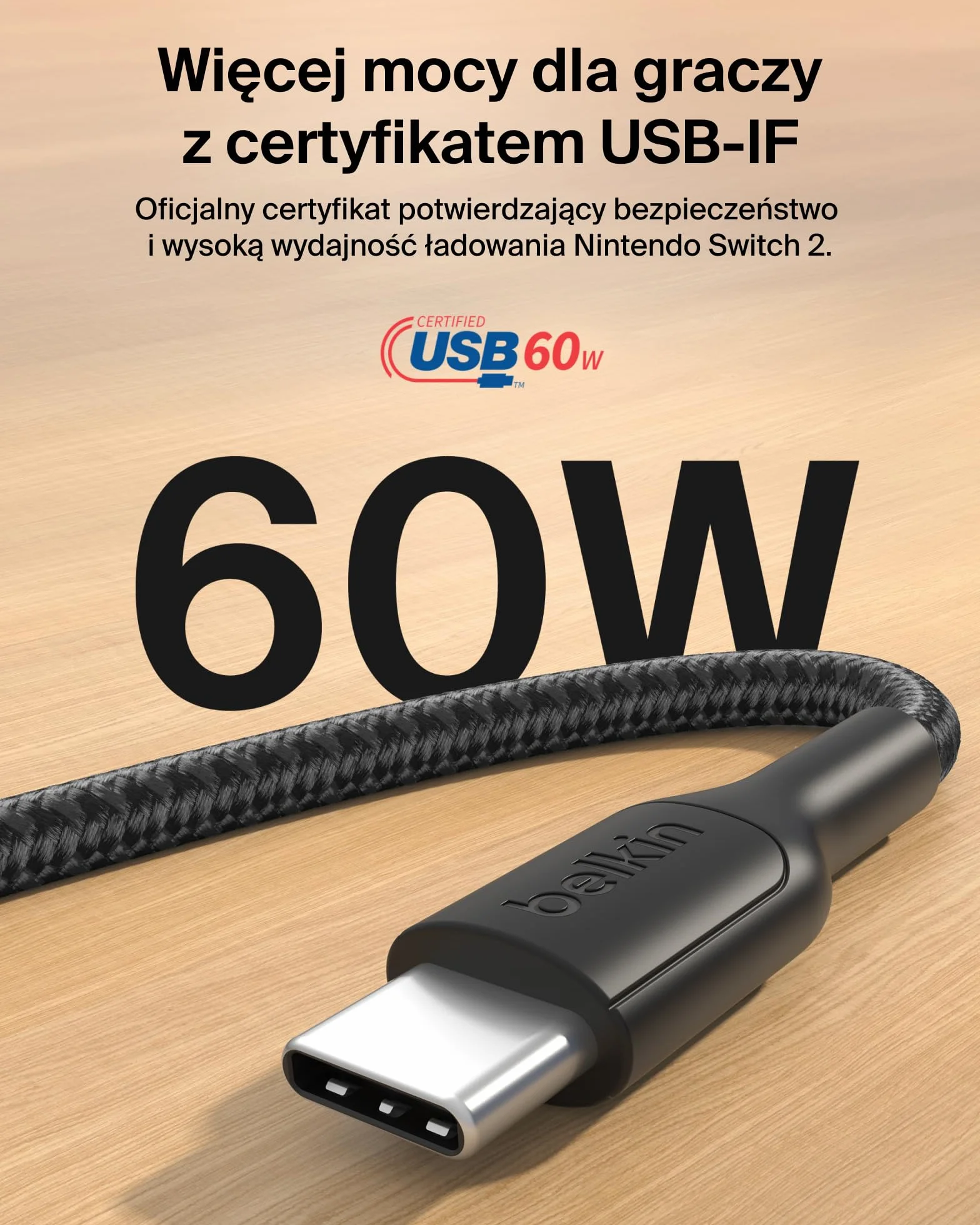 Belkin Kabel USB-C na USB-C 60W 2m Czarny do szybkiego ładowania Nintendo Switch 2 iPhone 16
