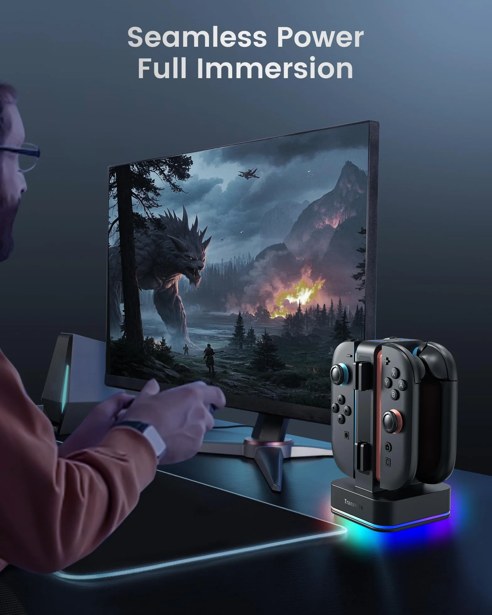 TRANSNOVO Stacja ladujaca kontrolera do Nintendo Switch, 4-gniazdnawa z wskaznikami LED, 9 trybow RGB, 8 gniazd do kart gier, jednoczesne ladowanie
