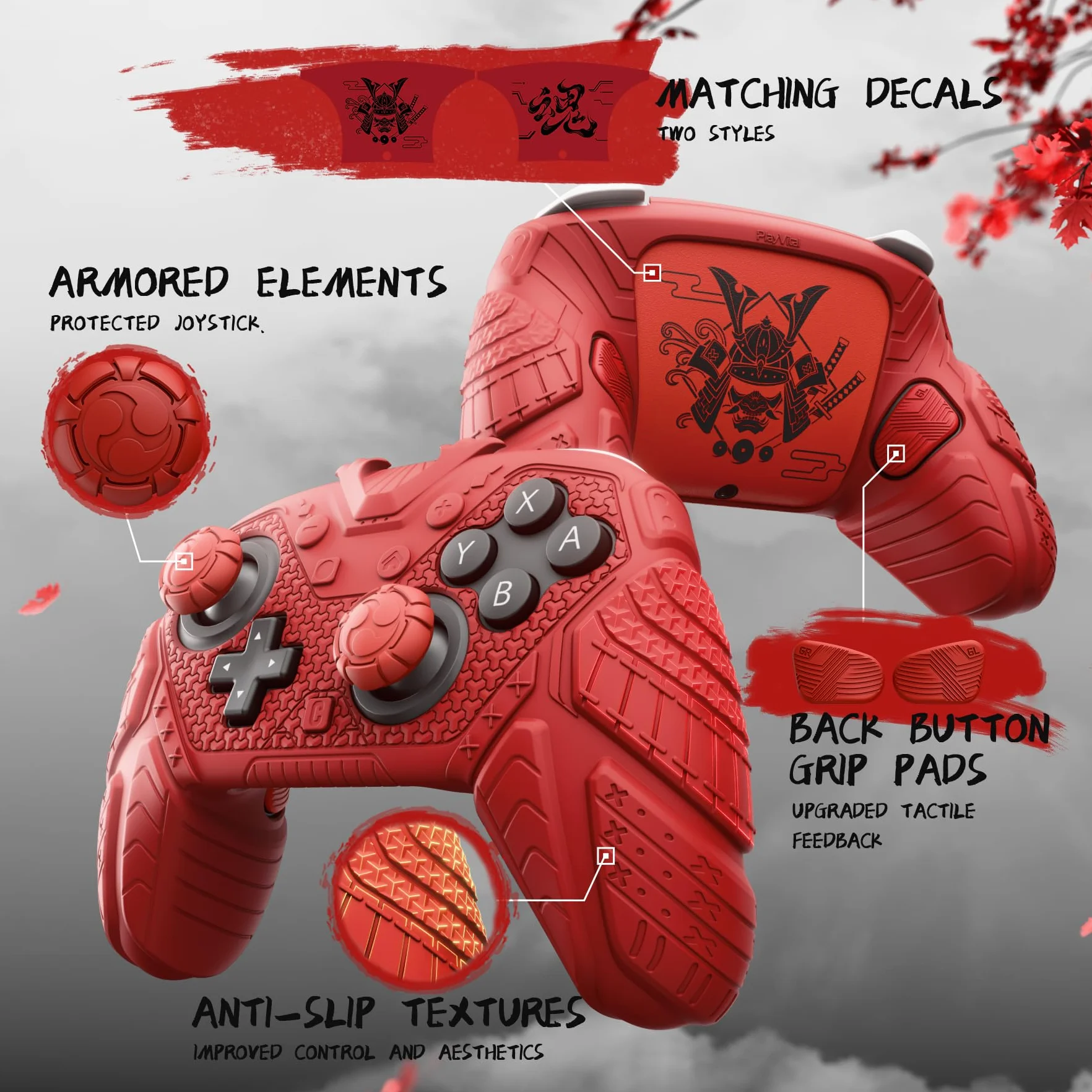 PlayVital Silikonowa Obudowa do Switch 2 Pro Kontrolera, Etui Ochronne do Switch 2 Pro,Antypoślizgowa Nakładka z Tylnymi Przyciskami & Nakładkami na Gałki & Naklejkami-Czerwony