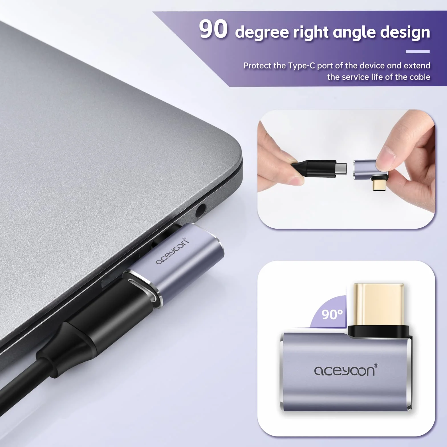 Aceyoon 3 Wtyczki Kątowe USB C, 90 Stopni, Adapter 40 Gbps/100 W/Gen 2, Obsługuje Wideo 8K 60 Hz i Szybkie Ładowanie PD, Do Telefonu Komórkowego, Laptopa i Tabletu