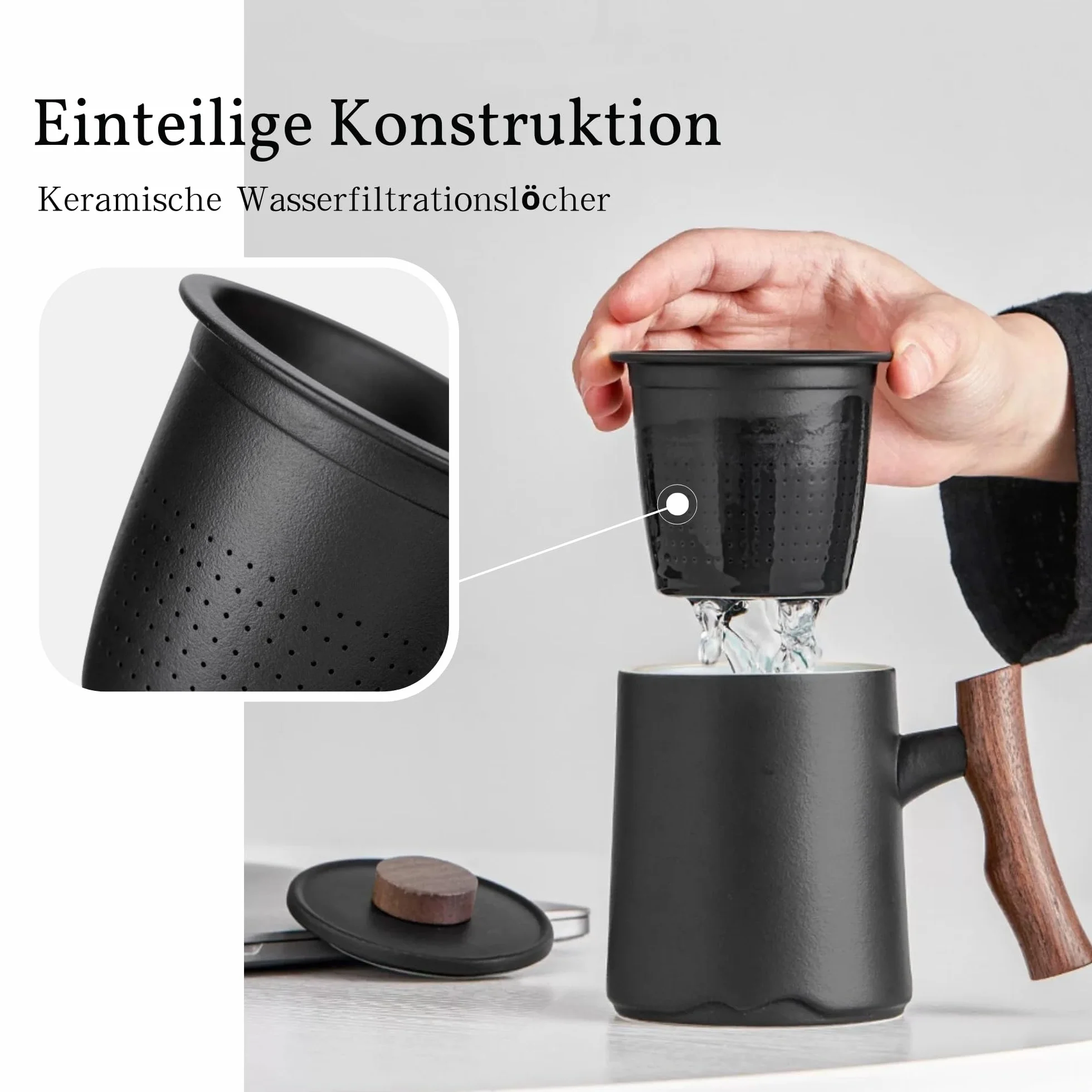 JanYoo Filiżanka do Herbaty z Pokrywką i Sitkiem, 360 ml, Uchwyt z Palisandru, Ceramiczna, Matowa, Kamionkowa, Glazurowana, Czarna
