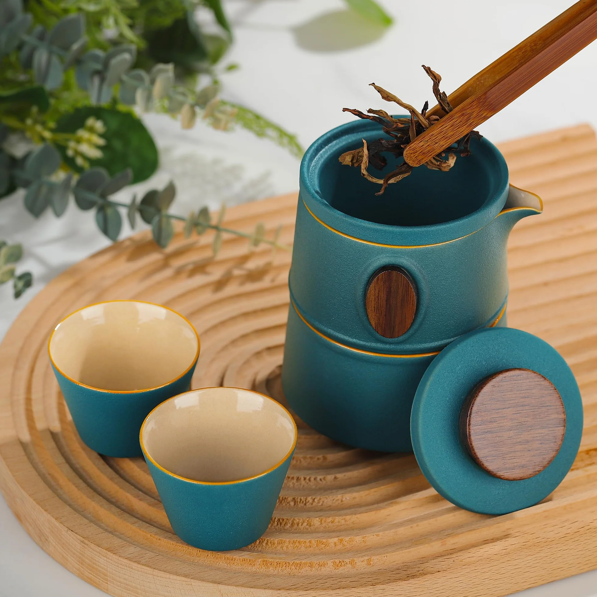 fanquare Przenośny podróżny zestaw do herbaty z etui zielona porcelana chiński czajniczek do kung fu z zaparzaczem mini 1 czajniczek 3 filiżanki na zewnątrz