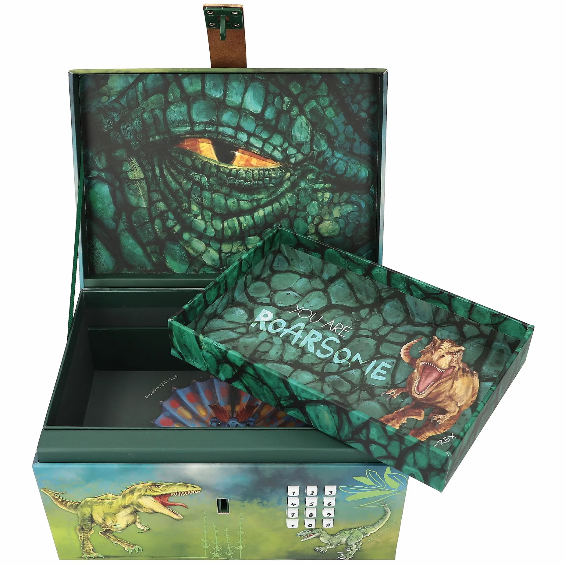 Depesche 12115 Dino World - Skrzynia skarbów z kodem, dźwiękiem i światłem, ok. 15 x 20 x 12,5 cm, pudełko na małe skarby i sekrety
