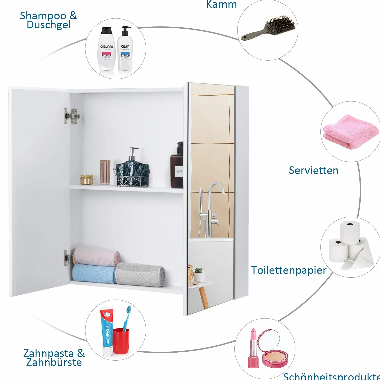 GOPLUS Szafka z lustrem z 2 drzwiami, szafka łazienkowa z lustrem, szafka wisząca, szafka łazienkowa, szafka ścienna do łazienki, 65 x 11 x 65 cm, biała