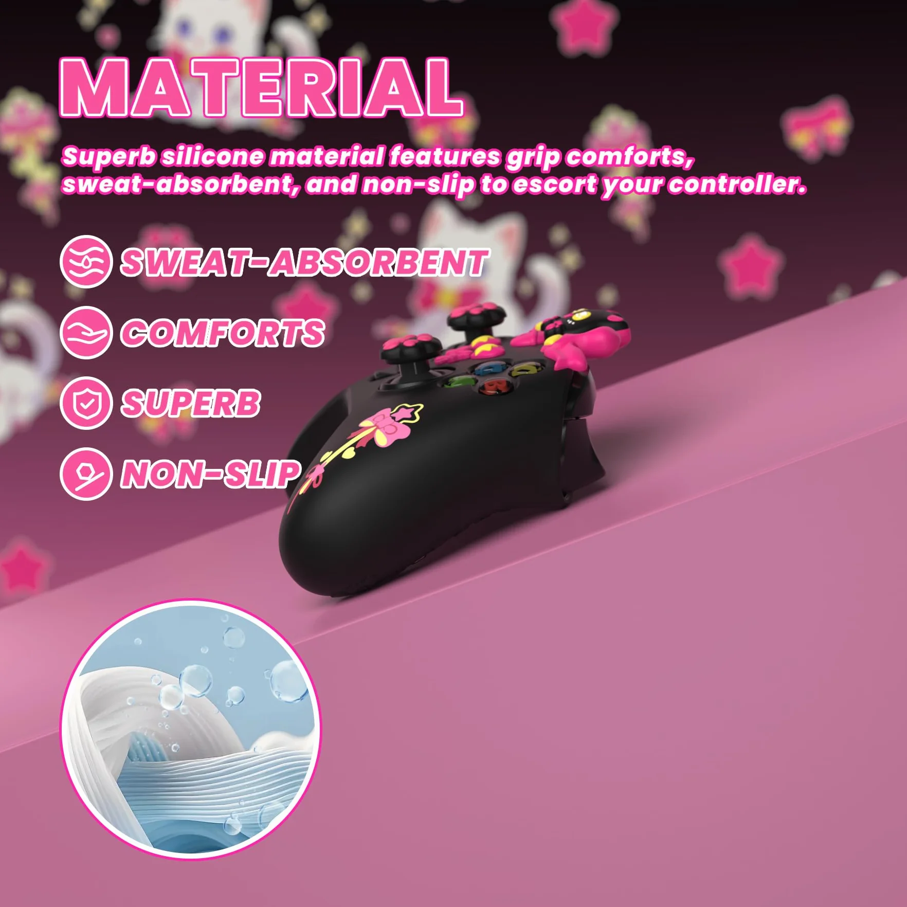 PlayVital Silikonowa Osłona do Xbox Series X S Kontrolera z Nakładkami Joystick i Naklejkami, Miękka Gumowa Ochrona Akcesoria do Xbox Core Controller–Czarny,Sweetheart Kitty