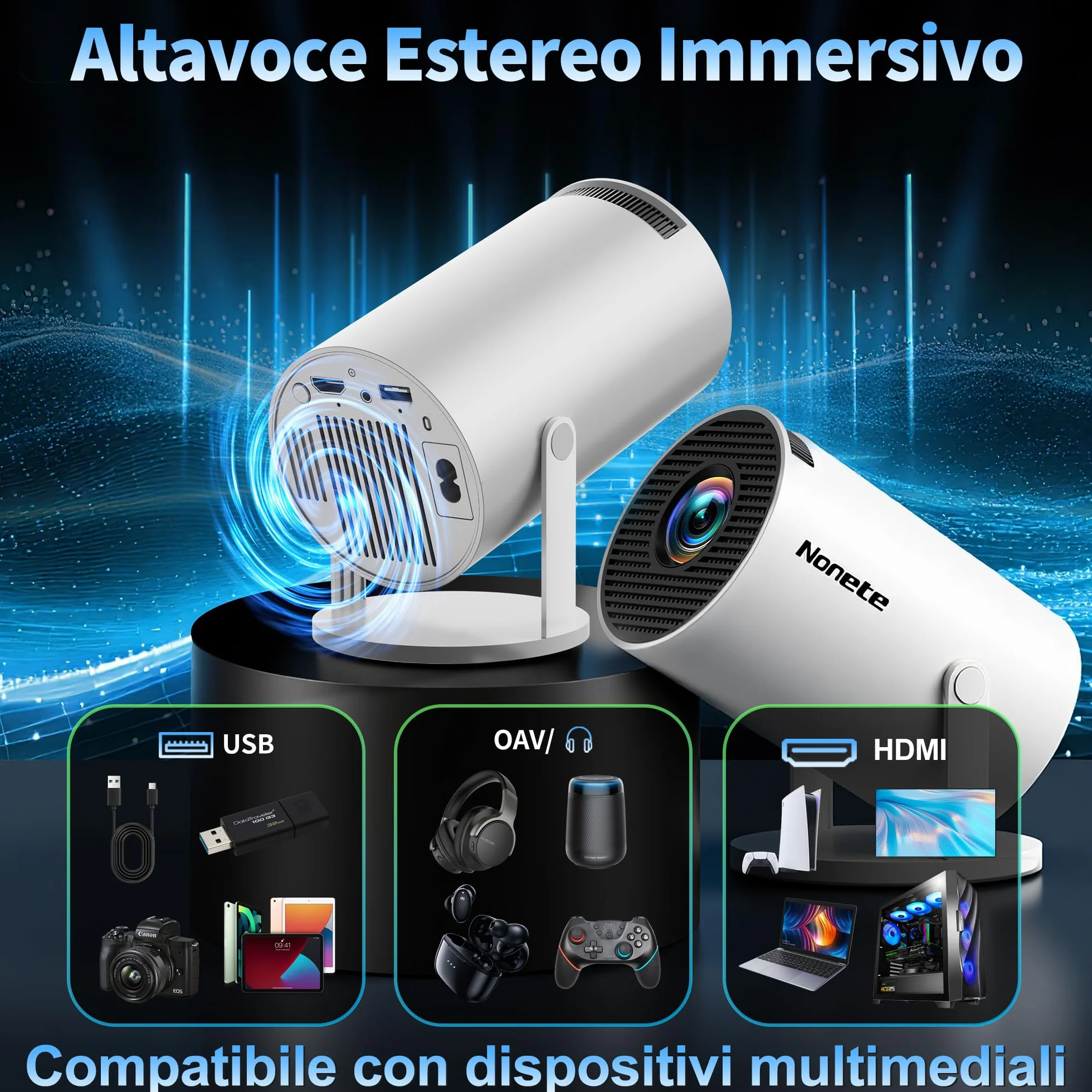 Projektor FHD 1080P [2026 Upgraded] Przenośny mini projektor 4K z WiFi 6 BT 5.2, obsługuje 270° obrotowy projektor samochodowy Keystone TV Stick/USB/HDMI/PC z kablem HDMI i myszą, biały