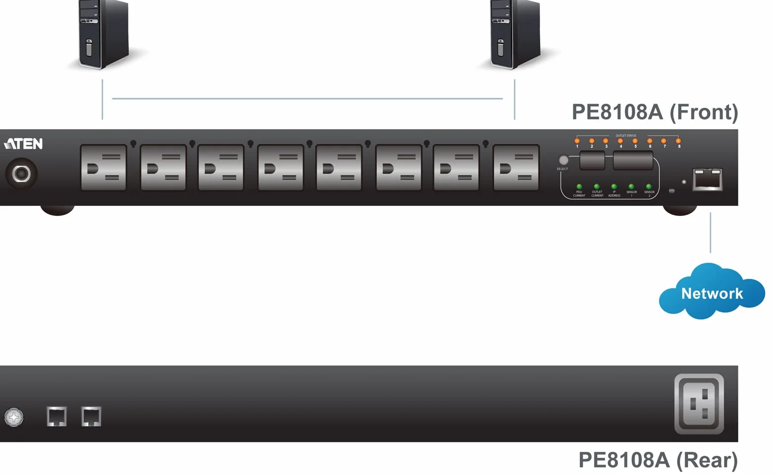 ATEN PE8108G IP, zdalne gniazdo wtykowe, 8 portów, 1HE, 8xC13, 10 A, pojedynczy pomiar
