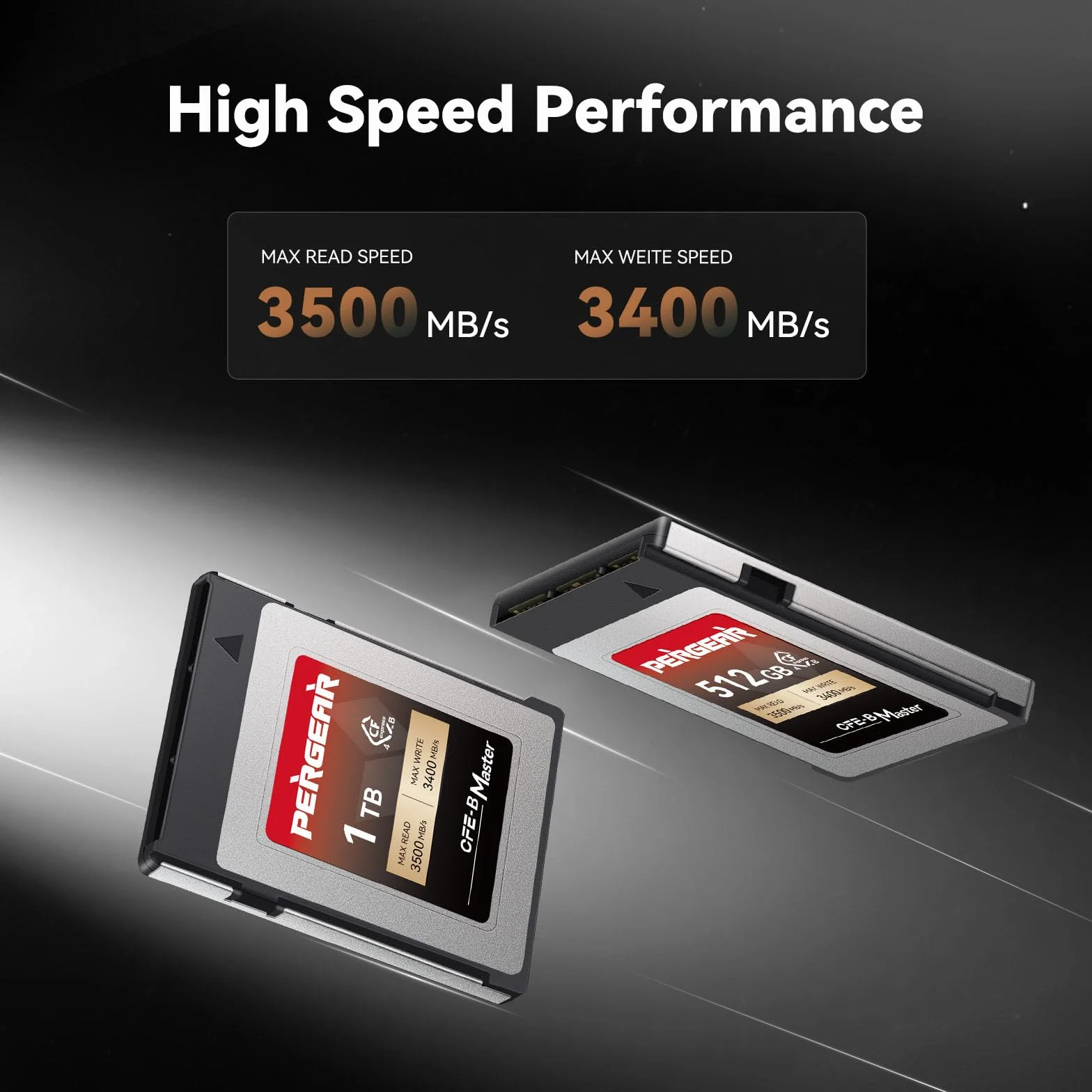 Pergear Karty pamięci 512 GB CFexpress 4.0 typu B, prędkość odczytu do 3500 MB/s i prędkość zapisu 3400 MB/s do nagrywania wideo 8K Raw (seria Master), kompatybilne z aparatami DSLR R3/R5/R5C/Z8/Z9/Z7