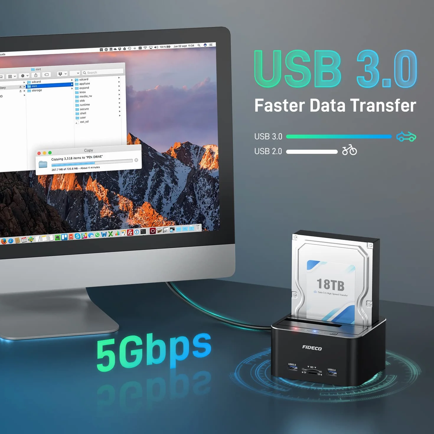 FIDECO Stacja dokująca do dysków twardych, aluminiowa stacja dokująca USB 3.0 do dysków twardych 2,5" / 3,5" SATA HDD SSD, czytnik kart TF i SD, obsługa klonów offline