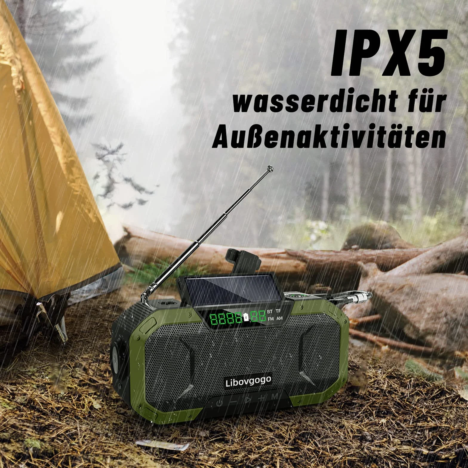 Radio awaryjne, ochrona przed rozbryzgami wody, głośnik Bluetooth, przenośne radio solarne AM/FM, z latarką, panel solarny LED, 5000 mAh, powerbank outdoorowy, kemping, dynamo