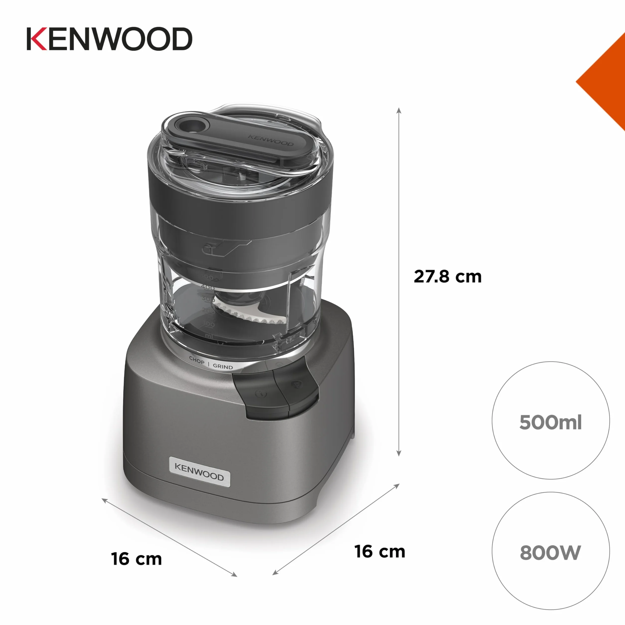 Kenwood Duo Prep CHP80 000SI model 2024, rozdrabniacz i młynek 2 w 1 z ząbkowanymi czterostrzowymi ostrzami, kompaktowy młynek szybkobieżny, antypoślizgowa podstawa, nadaje się do mycia w zmywarce,