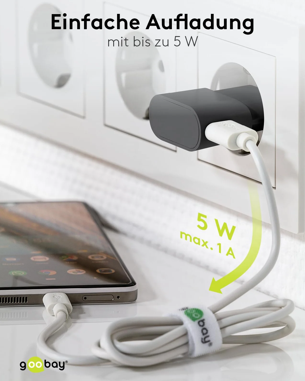 goobay 44947 ładowarka USB 5 W, kompaktowy zasilacz sieciowy z 1 A, pojedynczy adapter USB-A, idealna do ładowania iPhone’a, słuchawek i smartwatcha, czarna