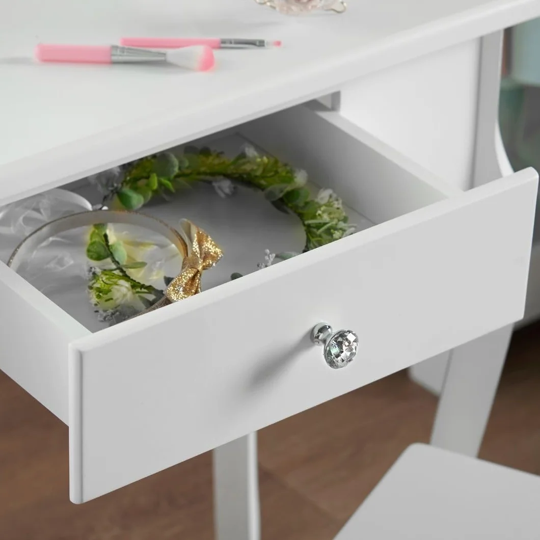 Toaletka dla Dziewczynki z Krzesełkiem i Lustrem Toaletka dla Dzieci z Białego Drewna, Toaletka dla Dziecka z Przeźroczystymi Uchwytami o Eleganckim Wykonaniu (8-13)