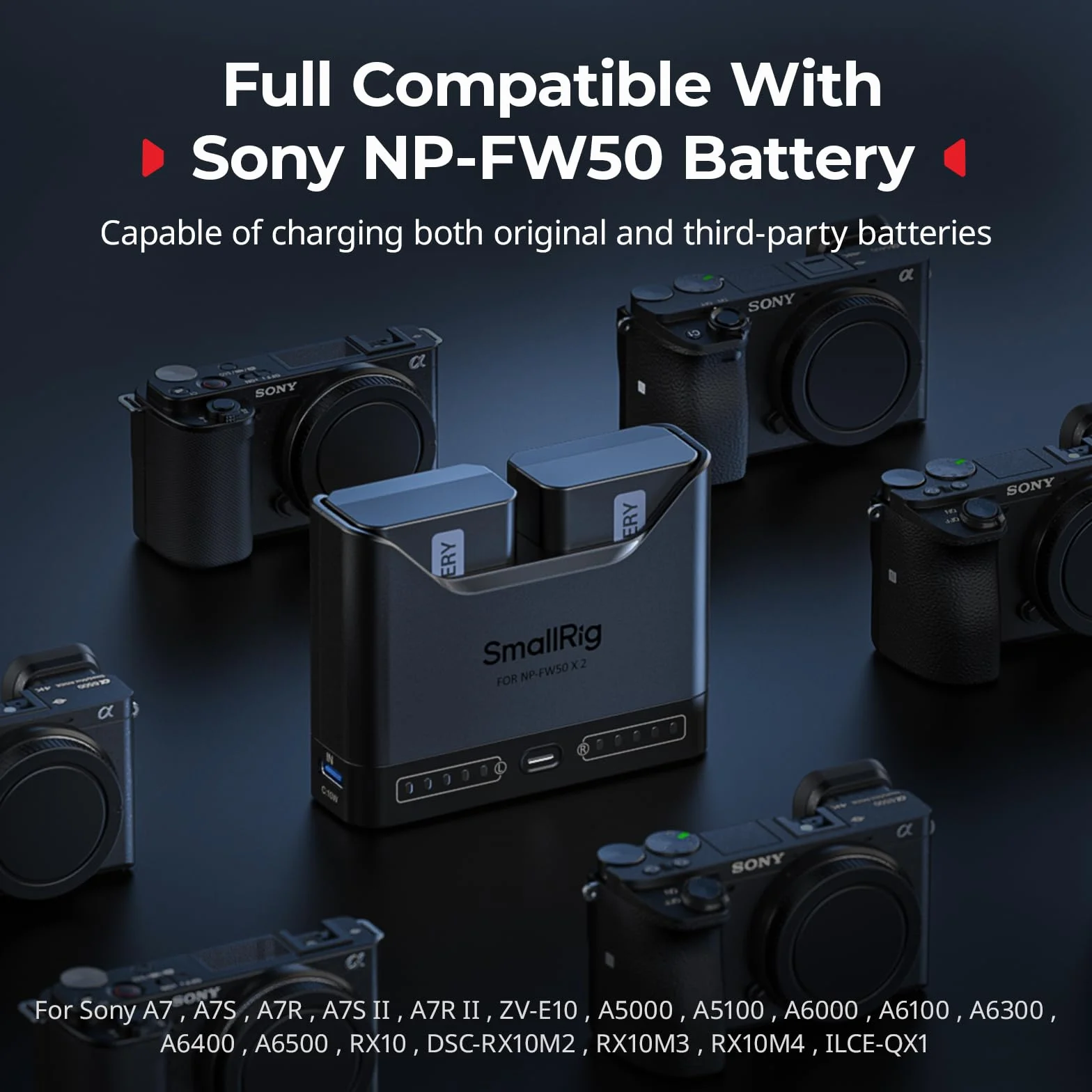 SMALLRIG Zestaw akumulatorów do Sony NP-FW50, ładowarka dwugniazdowa 11 W z akumulatorami 1030 mAh, w pełni kompatybilny z do Sony A6000 A6100 A6300 A6400 ZV-E10 A7 A7S A7R A7SII A7RII A5000-5488