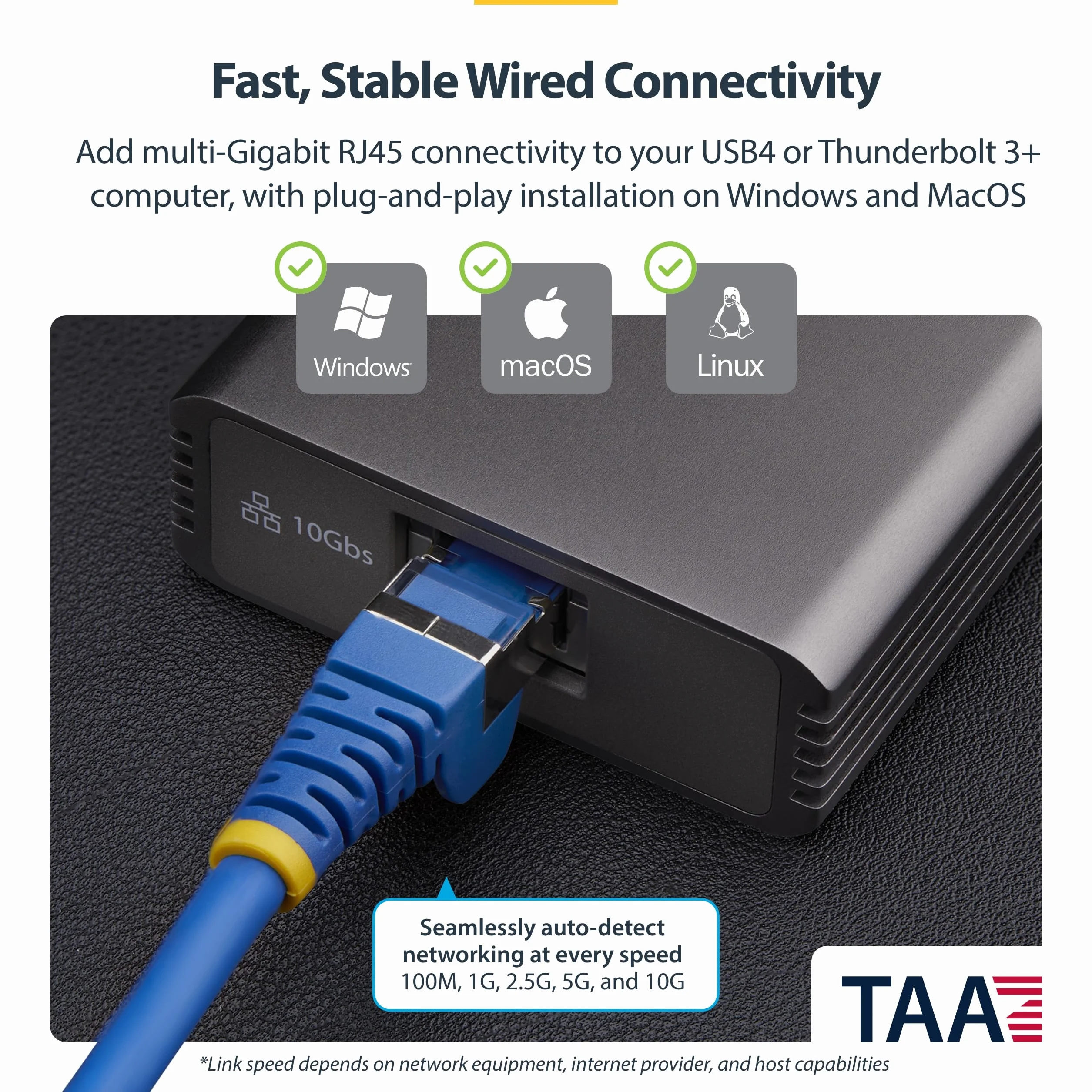 StarTech Adapter Ethernet 10 GbE USB4, zewnętrzna karta sieciowa 10 GB, kompatybilna z Thunderbolt 3-, 4-, 5, 10 5, 2,5, 1 Gbps i 100 Mbps, Mac i Windows