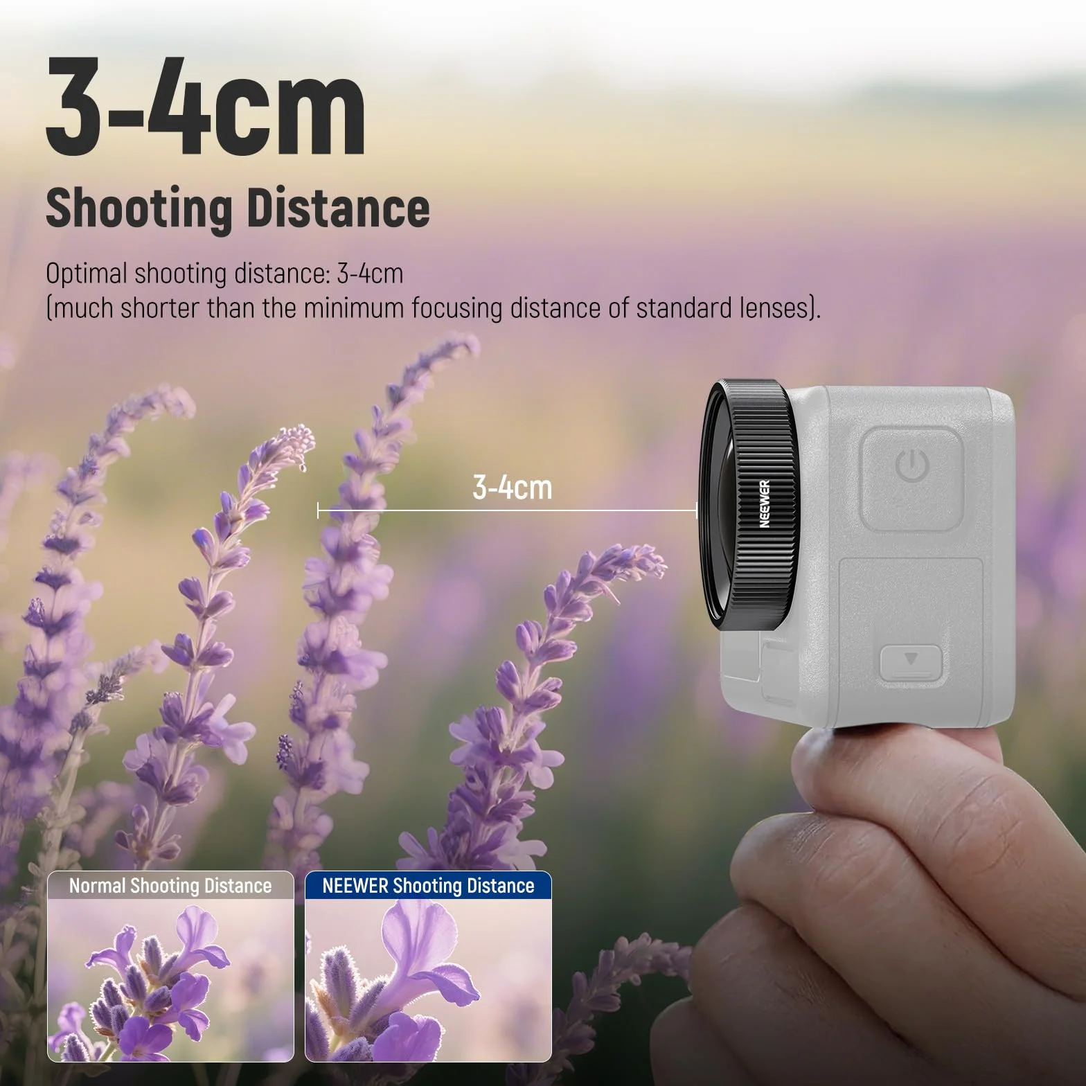NEEWER Obiektyw makro kompatybilny z kamerą DJI Osmo Action 5 Pro/4, powiększenie 2x, 2 elementy w 1 grupie, odległość ogniskowa 3-4 cm, akcesorium do fotografii z bliska, niewodoodporny, LS-68