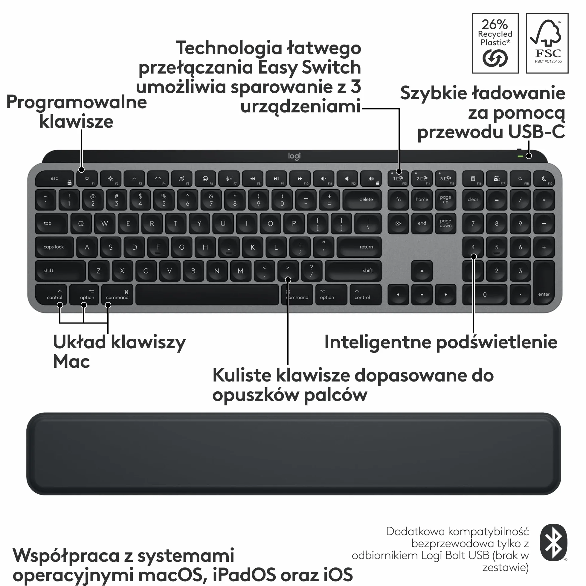 Logitech MX Keys S Combo for Mac, bezprzewodowa klawiatura i z podpórką pod nadgarstki, podświetlana, bezprzewodowa, z szybkim przewijaniem, Bluetooth USB C dla MacBooka, iPada,QWERTY US INT'L - Szary