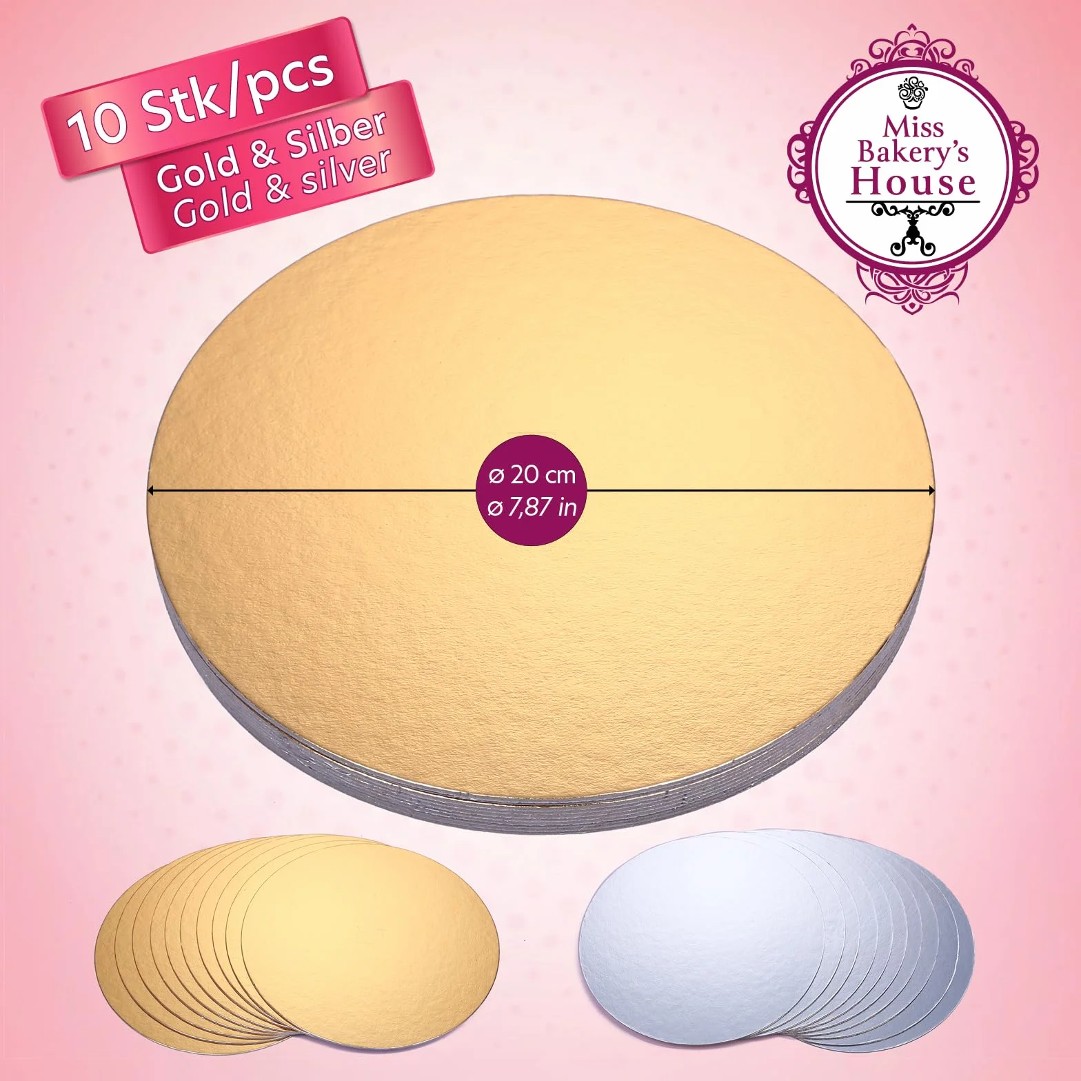 Miss Bakery's House Cake Board Ø 20 cm 2 mm dwustronny okrągły talerz na tort srebrny złoty 10 szt.