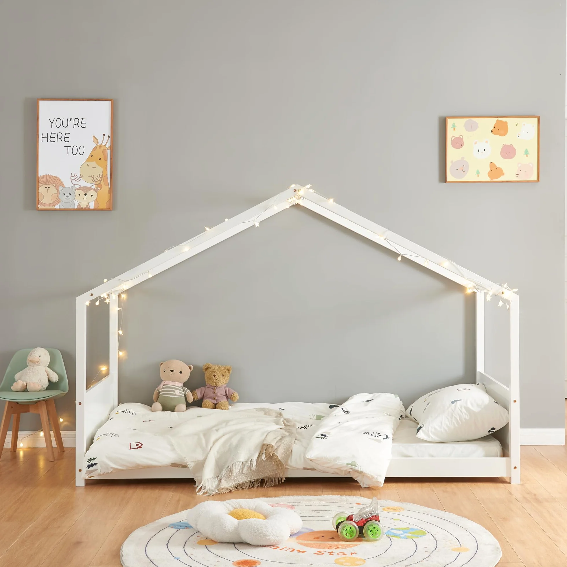 [en.casa] Łóżko dziecięce Simo Domowe łóżko dla malucha o wyglądzie domu łóżko podłogowe ze stelażem na łóżko sosna 200 x 90 cm białe