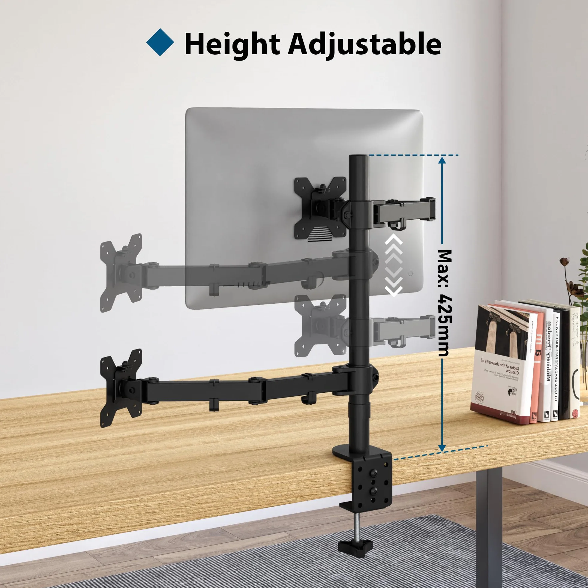 BONTEC Ramię monitora z tacą na laptopa, uchwyt na biurko na laptopa do ekranu 13-27 cali i 17 cali, regulacja wysokości, pełny ruch VESA, obrót nachylenia o 360°, zarządzanie kablami w zestawie
