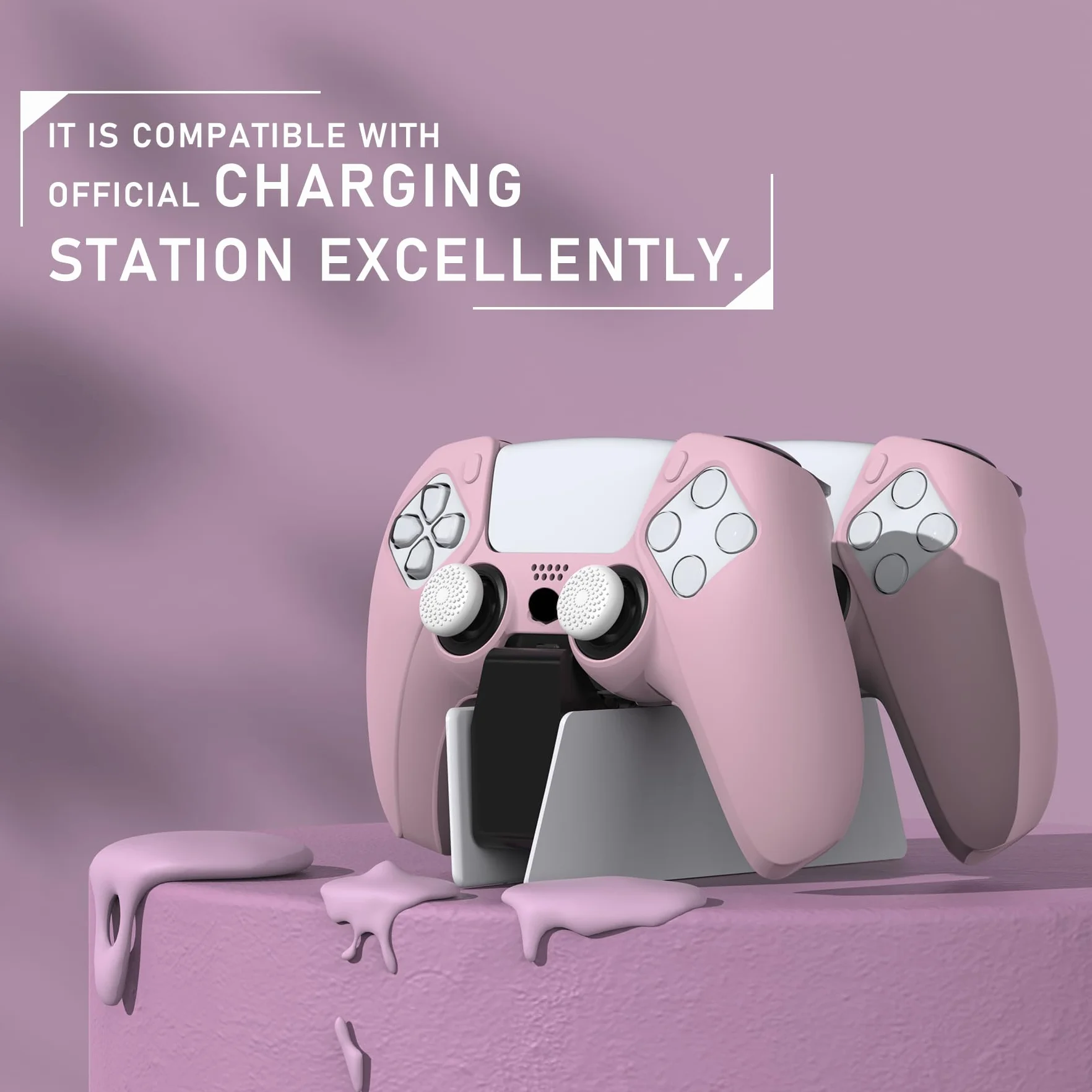 PlayVital Silikonowy Pokrowiec do ps5 Kontroler,Antypoślizgowy Ochronny Etui do ps5 Stacją ładującą z 6 Nakładkami Kciuki-Kwiaty Wiśni Różowy(Pure Series Dockable Model)