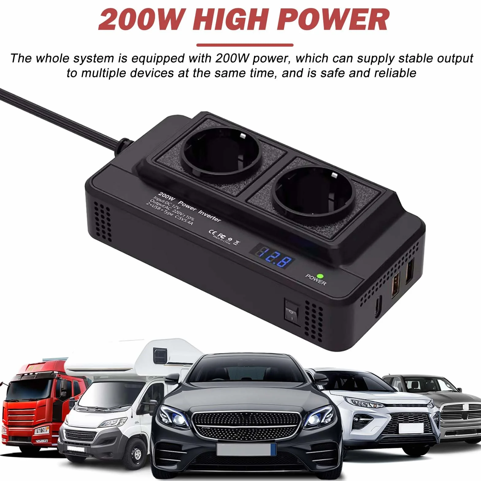 Przetwornica napięcia, 200 W, DC 12 V na AC 230 V, z 2 gniazdami i 4 portami USB, szybkie ładowanie, ładowarka samochodowa, adapter gniazda zapalniczki samochodowej, adapter gniazda zapalniczki