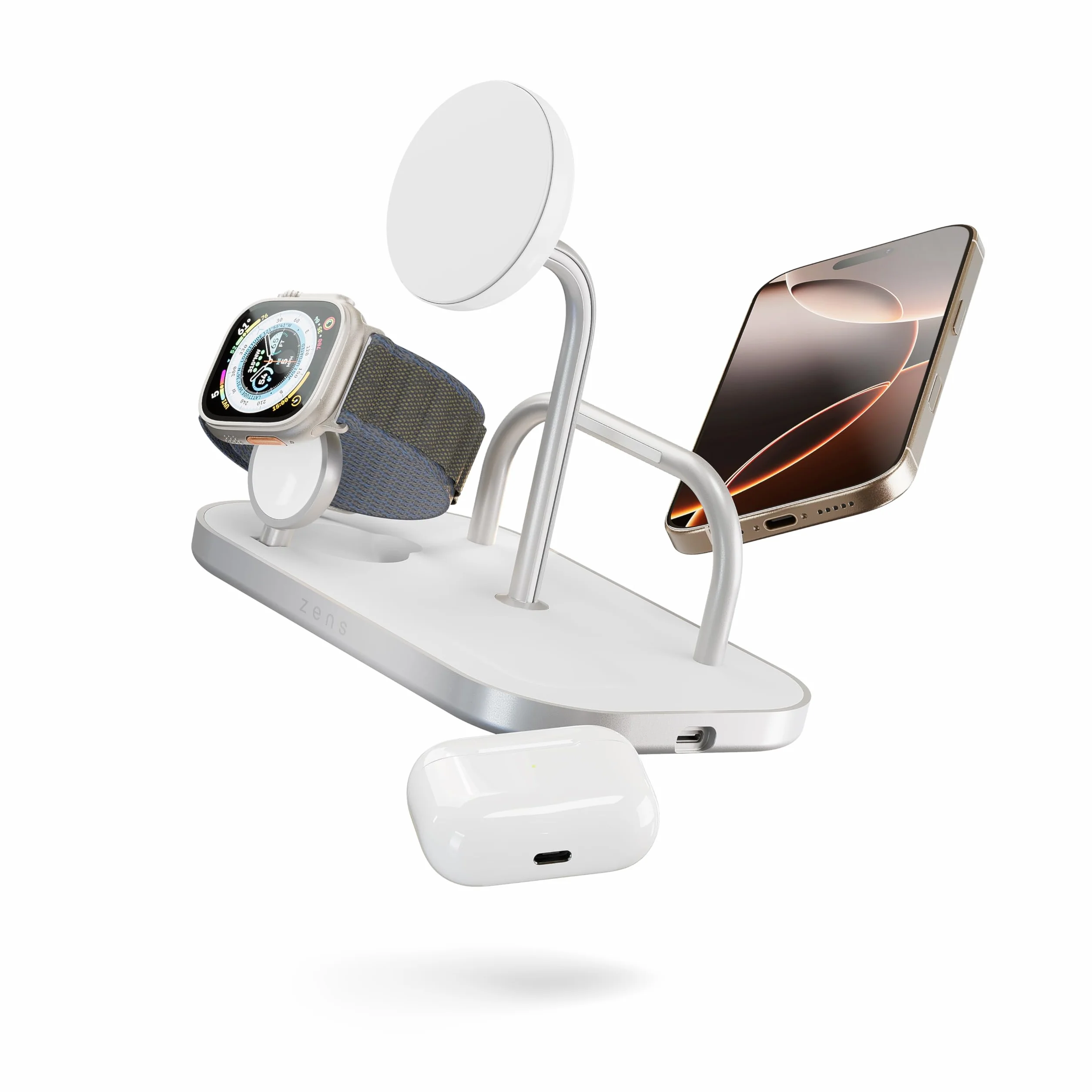 Zens 4-in-1 Wireless Charger, bezprzewodowa ładowarka MagSafe i Qi2 o mocy 15 W do telefonów iPhone/Apple Watch/AirPods, zawiera zasilacz 65 W (EU/UK/US) i wbudowany kabel o długości 1,5 m, Biały