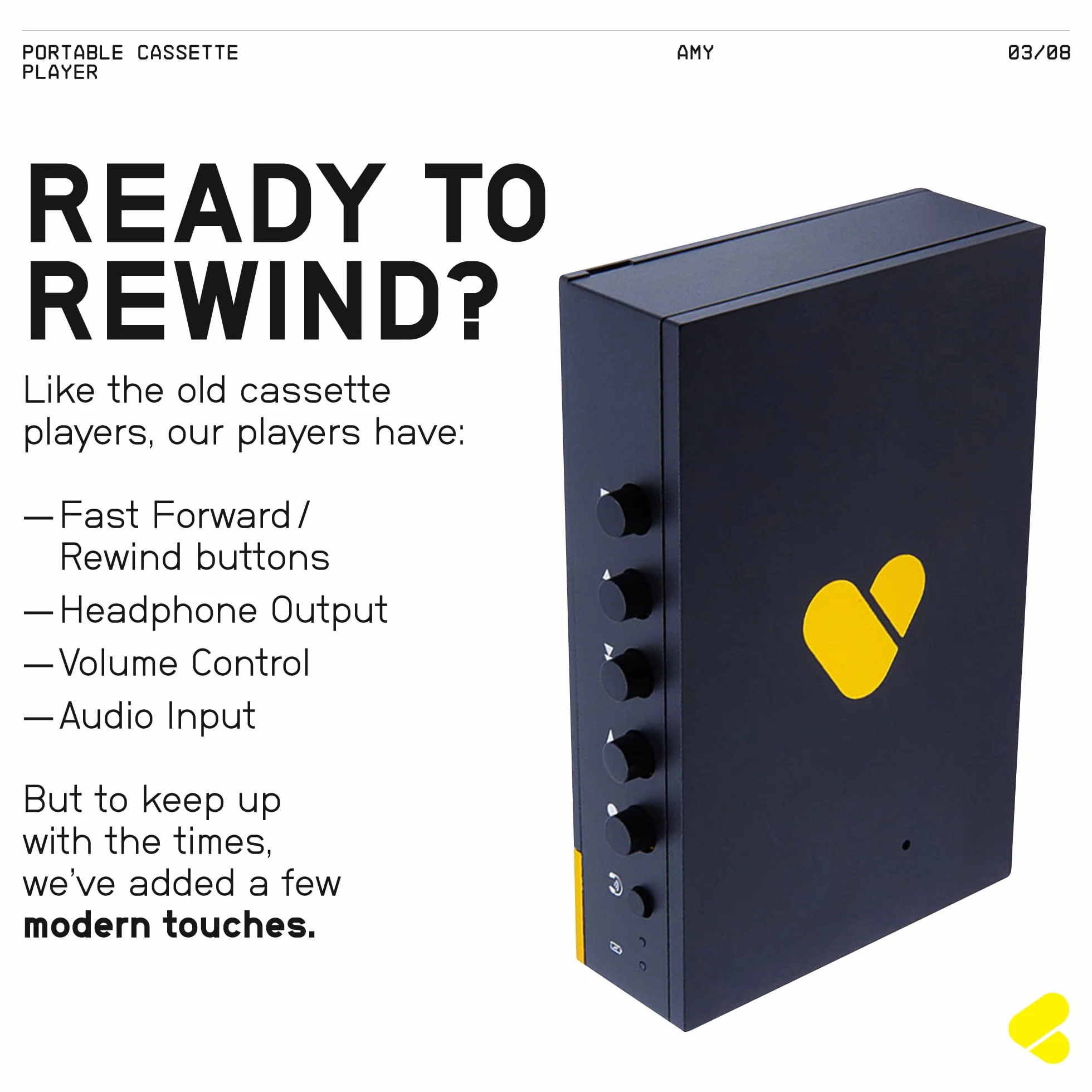 WeAreRewind Amy Tragbarer Kassettenspieler mit Bluetooth, Black Yellow (WE-001-BY1)