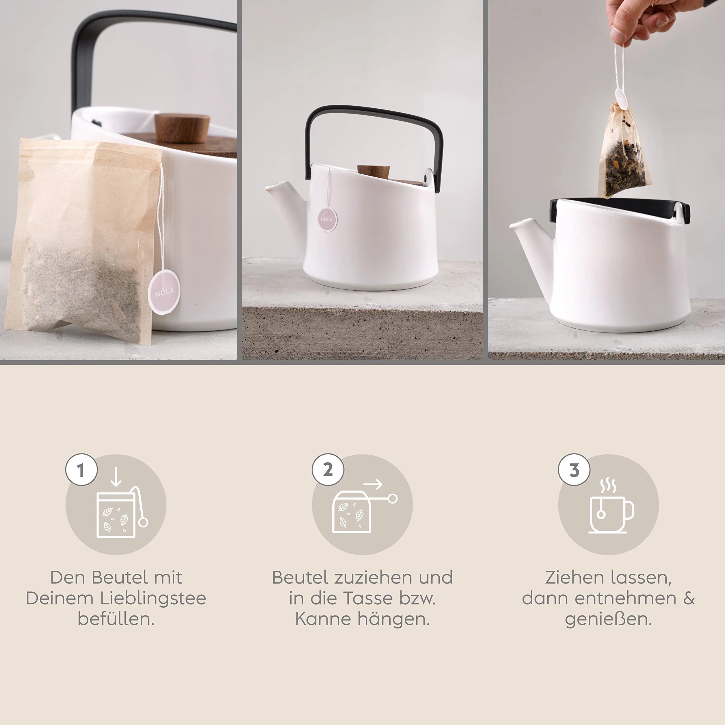 NOLA Jednorazowe torebki do herbaty sypkiej (100 sztuk) – biodegradowalne i nadające się do recyklingu – ze sznurkiem ściągającym – 9,5 x 8 cm – nadają się również do dzbanków do herbaty