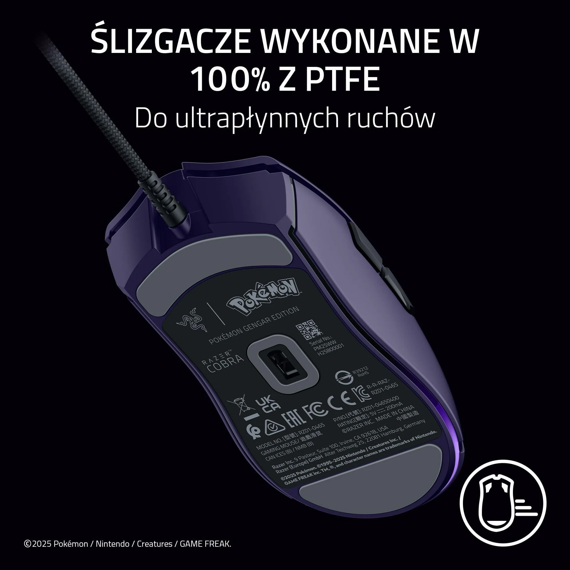 Razer Cobra Gengar Edition Przewodowa Mysz Do Gier 8500 DPI 58 g Przełączniki Optyczne Podświetlenie Chroma Kabel Speedflex PC/MAC Pokémon