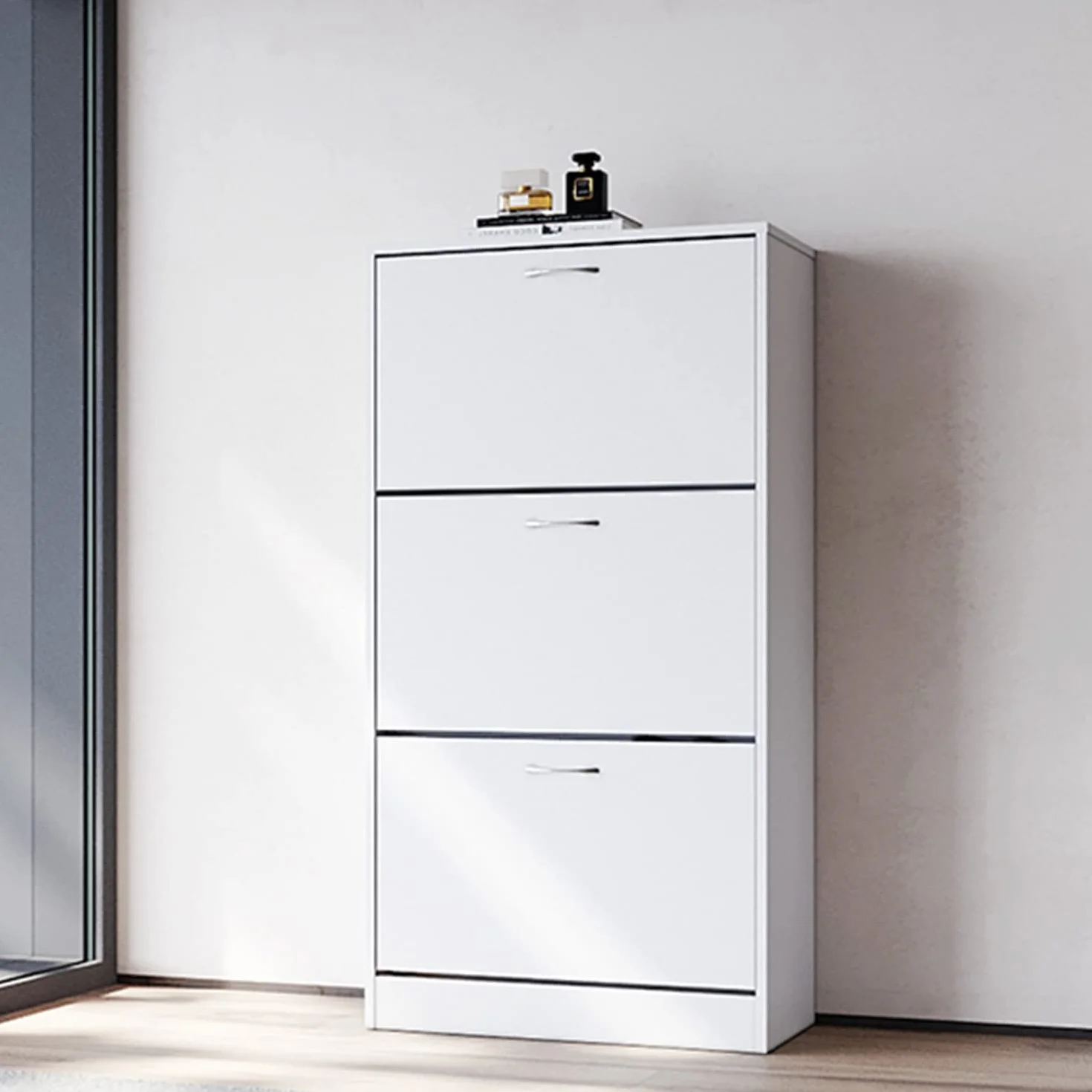 SONNI szafka na buty biała wąska 30 cm 3 klapy regulowane wkładki 27 par 63x30x120 cm