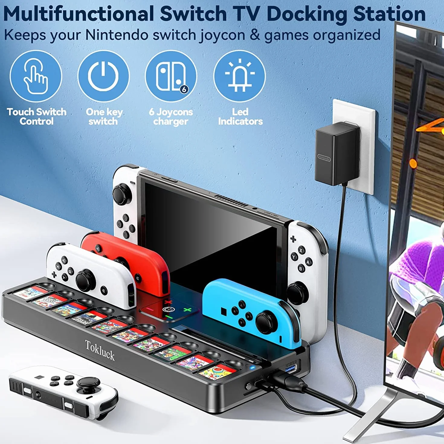 Stacja dokująca do telewizora ze stacją ładującą switch, przełącznik OLED TV z zasilaczem TV 4K HDMI, zastępcza stacja dokująca z interfejsem/kontrolerem przełącznika, stacja ładująca i 10 gier