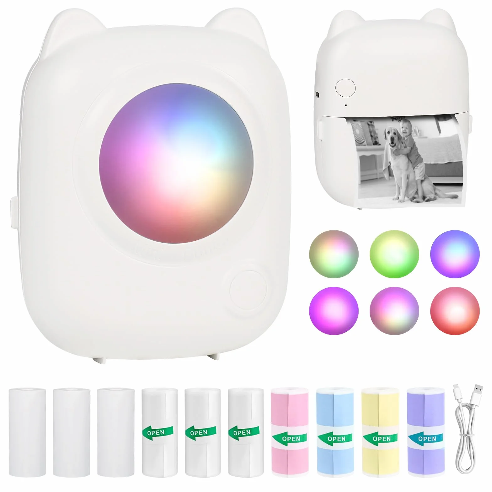 Mini drukarka, mobilna drukarka fotograficzna, przenośna mini drukarka fotograficzna, bezprzewodowa drukarka fotograficzna, 10 rolek papieru do drukarki i 5 kredek, smartfon, drukarka