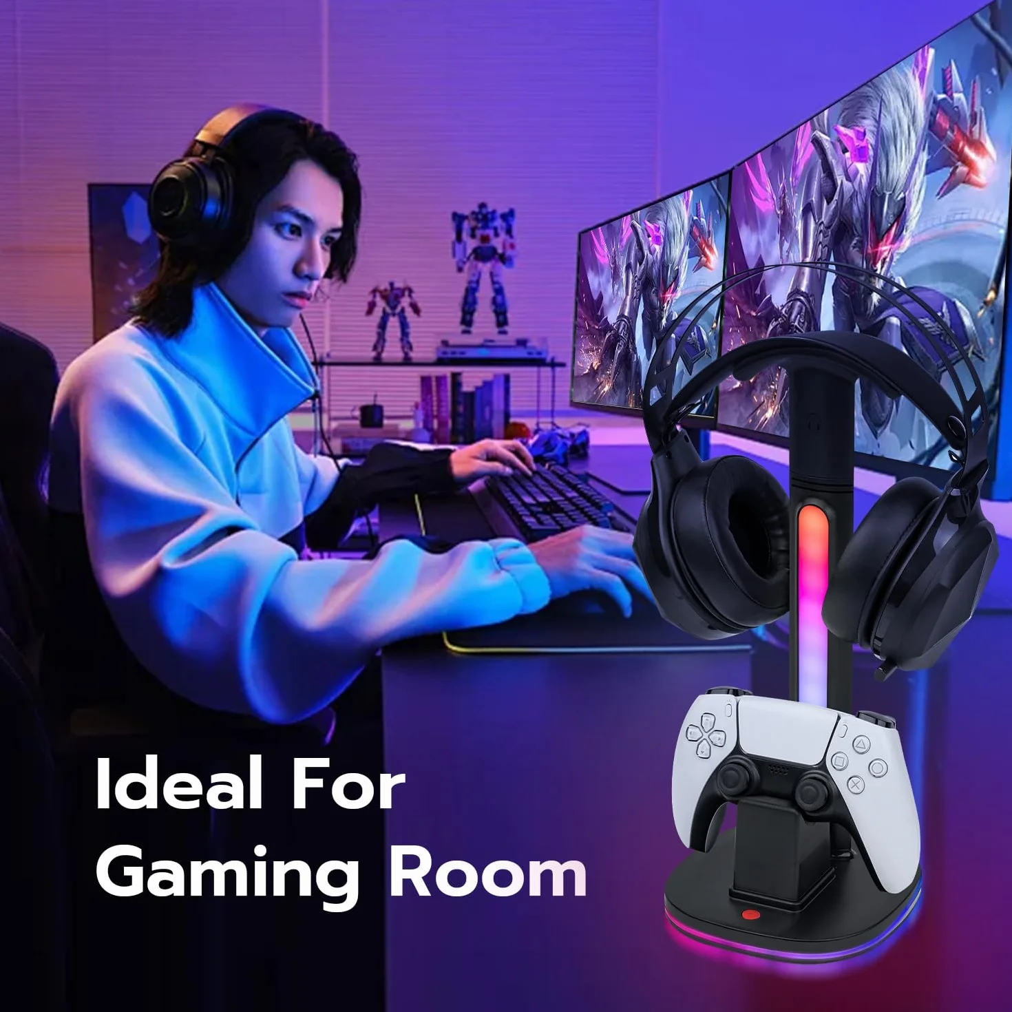 Mcbazel Stacja ładująca kontrolera PS5 ze stojakiem na słuchawki do gier RGB, szybka stacja ładująca z 2 portami USB do PS5 i kontrolera DualSense Edge, organizer na biurko RGB, czarny (nie dla PS5