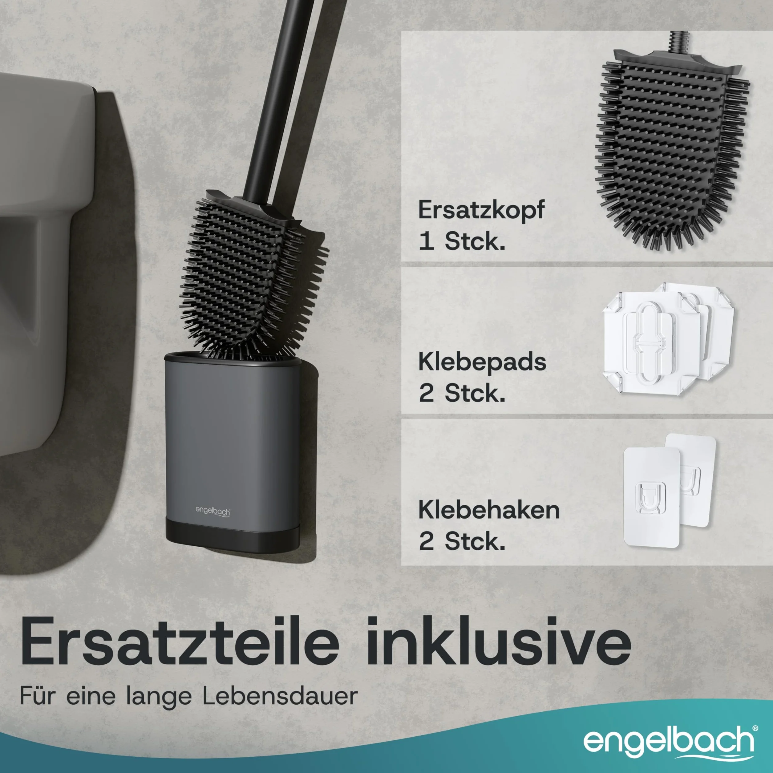 Engelbach szczotka do WC silikonowa ze stali nierdzewnej antybakteryjna do montażu ściennego bez wiercenia zestaw z zapasową końcówką ciemnoszary