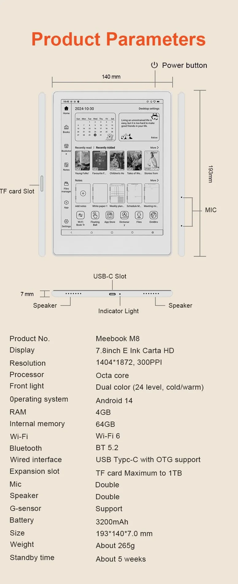 Meebook E-czytnik M8 | ekran 7,8" pojedynczy karta graficzna | 300PPI Smart Light | Android 14 | procesor Octa Core | Dual Mics & Speakers | Support Play Store | Writing ręczny | 4 GB + 64 GB |