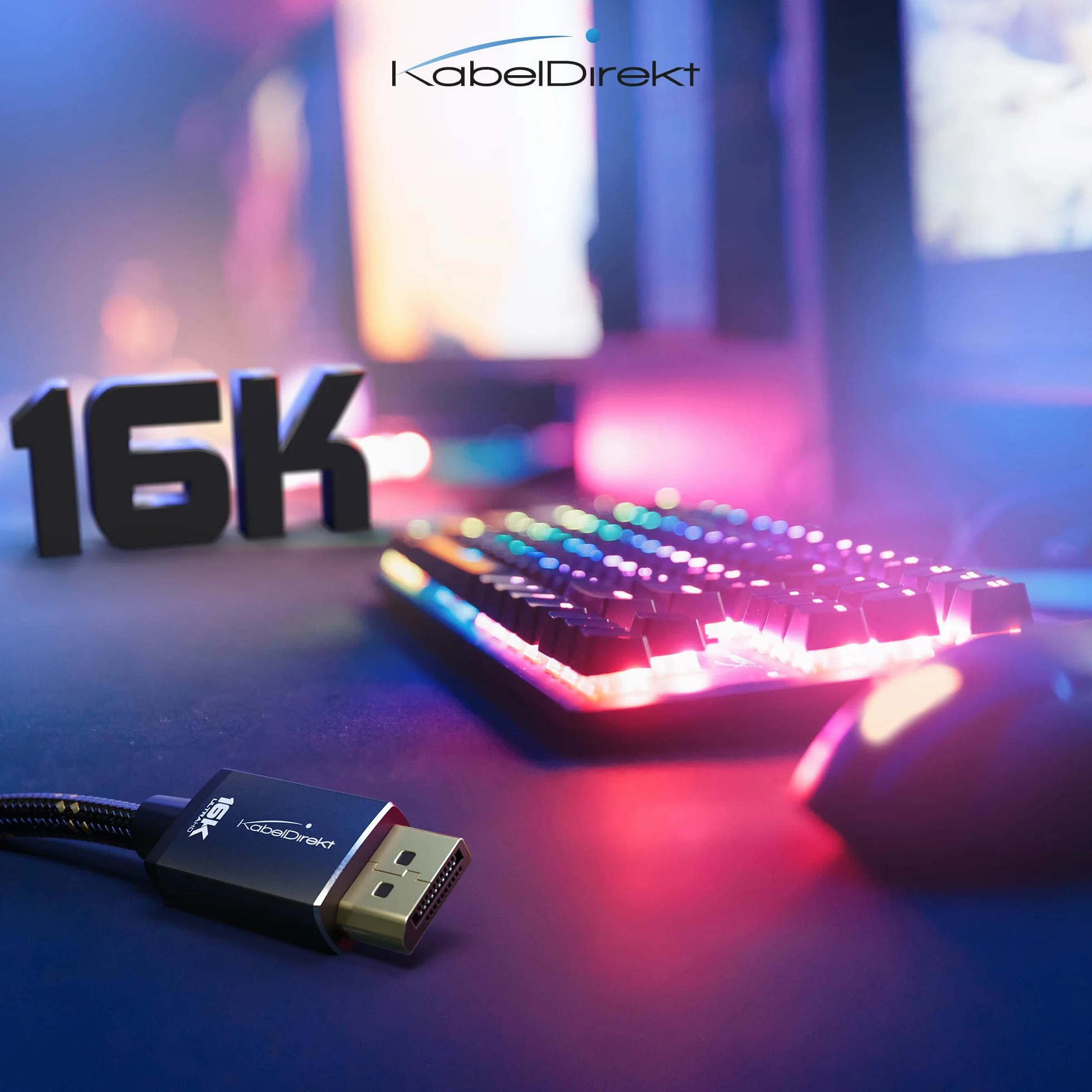 KabelDirekt – Kabel DisplayPort 2.1/DP 2.1 – 3m – Metalowe Złącza + Plecionka, DP80 o Prędkości 80 Gbit/s dla Komputerów do Gier/Kart Graficznych, FreeSync/G-Sync, do 16K@60Hz, 8K@120Hz, 4K@240Hz