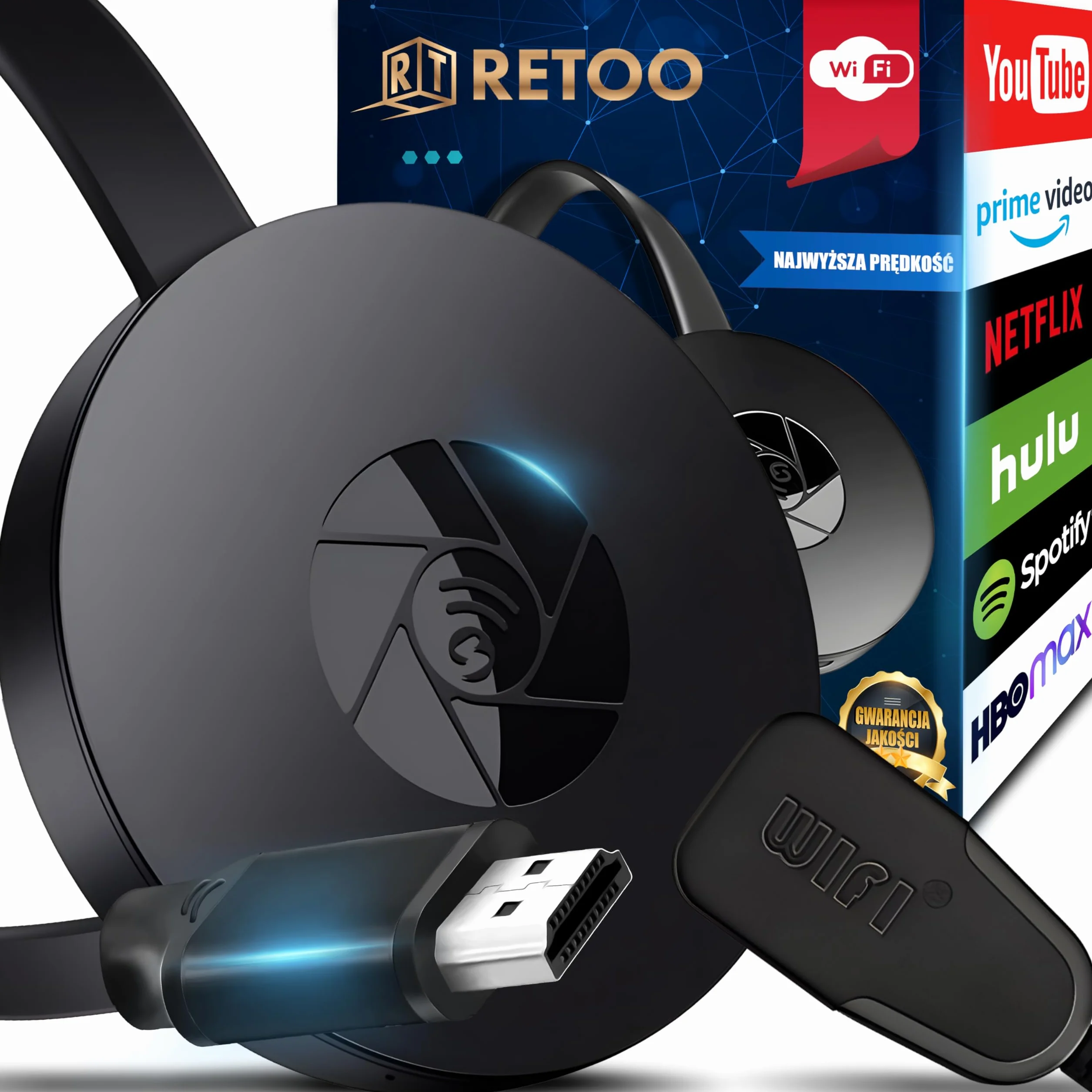 Retoo Bezprzewodowy odbiornik wyświetlacza HDMI Dongle Streaming 1080p 4K, odbiornik wyświetlacza WiFi, obsługa DLNA Miracast Airplay, odtwarzacz multimedialny do systemu Android, Phone, PC, Windows