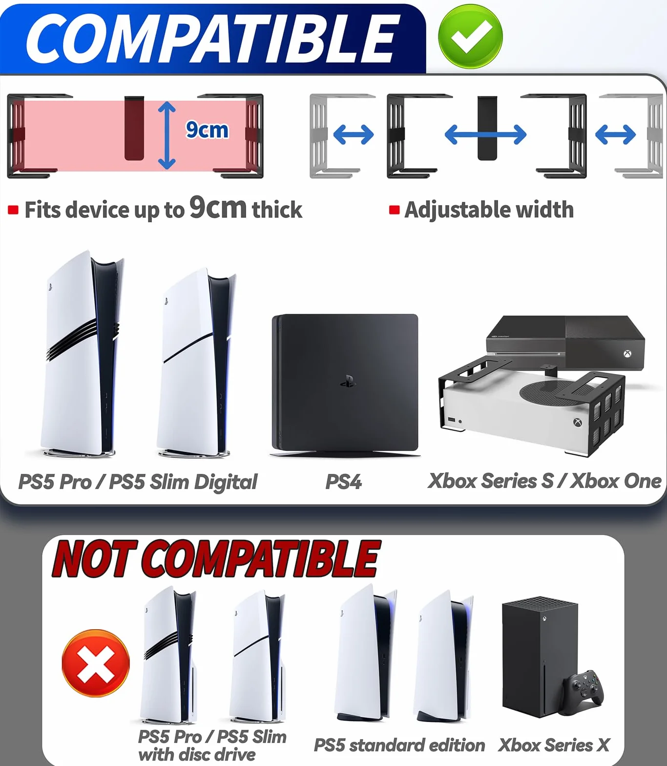 SciuU Poziomy uchwyt pod stół/pionowy uchwyt ścienny kompatybilny z PS5 Pro Digital, PS5 Slim Digital, Xbox Series S, Xbox One